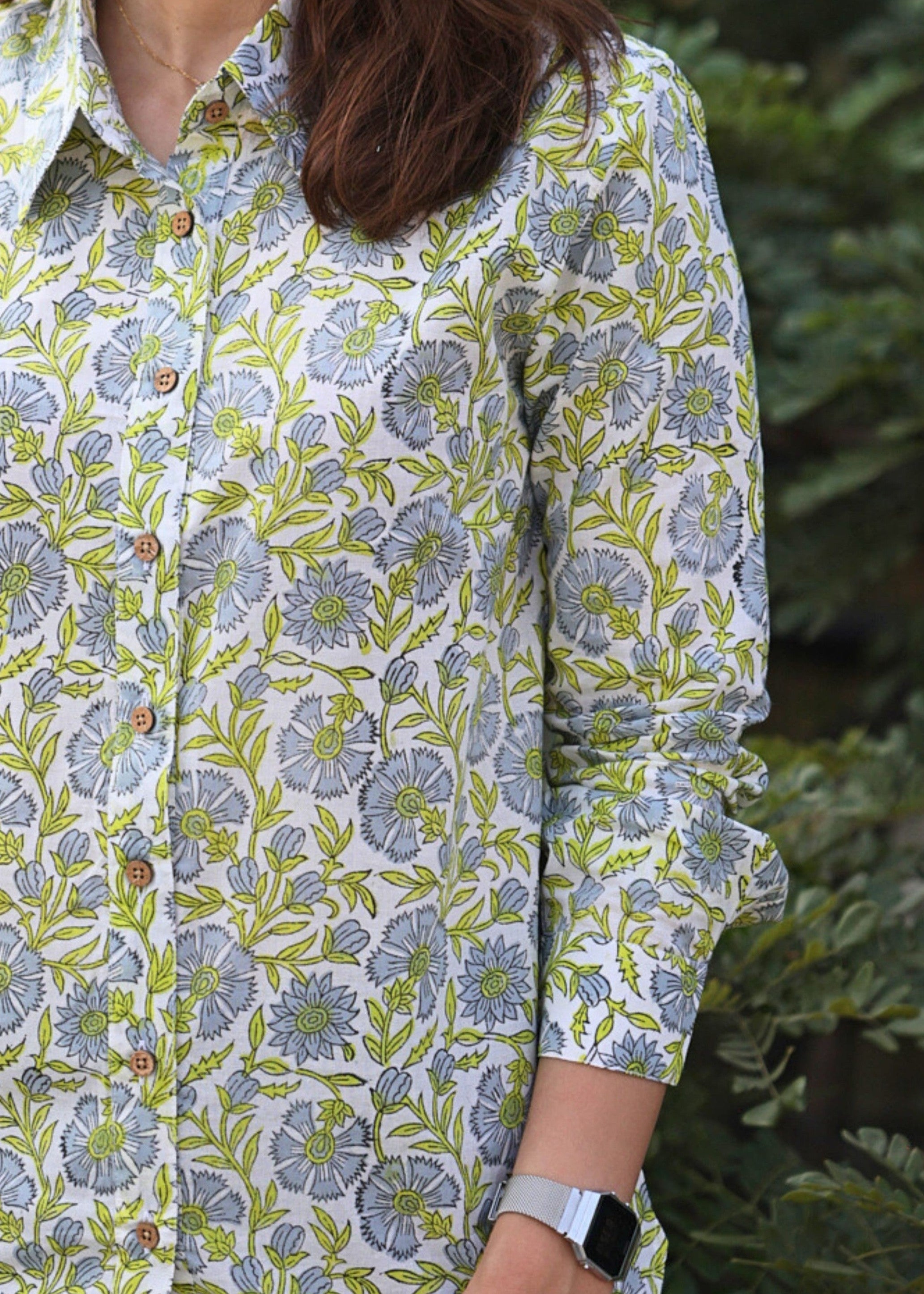 Green Floral Handblock Cotton Shirt