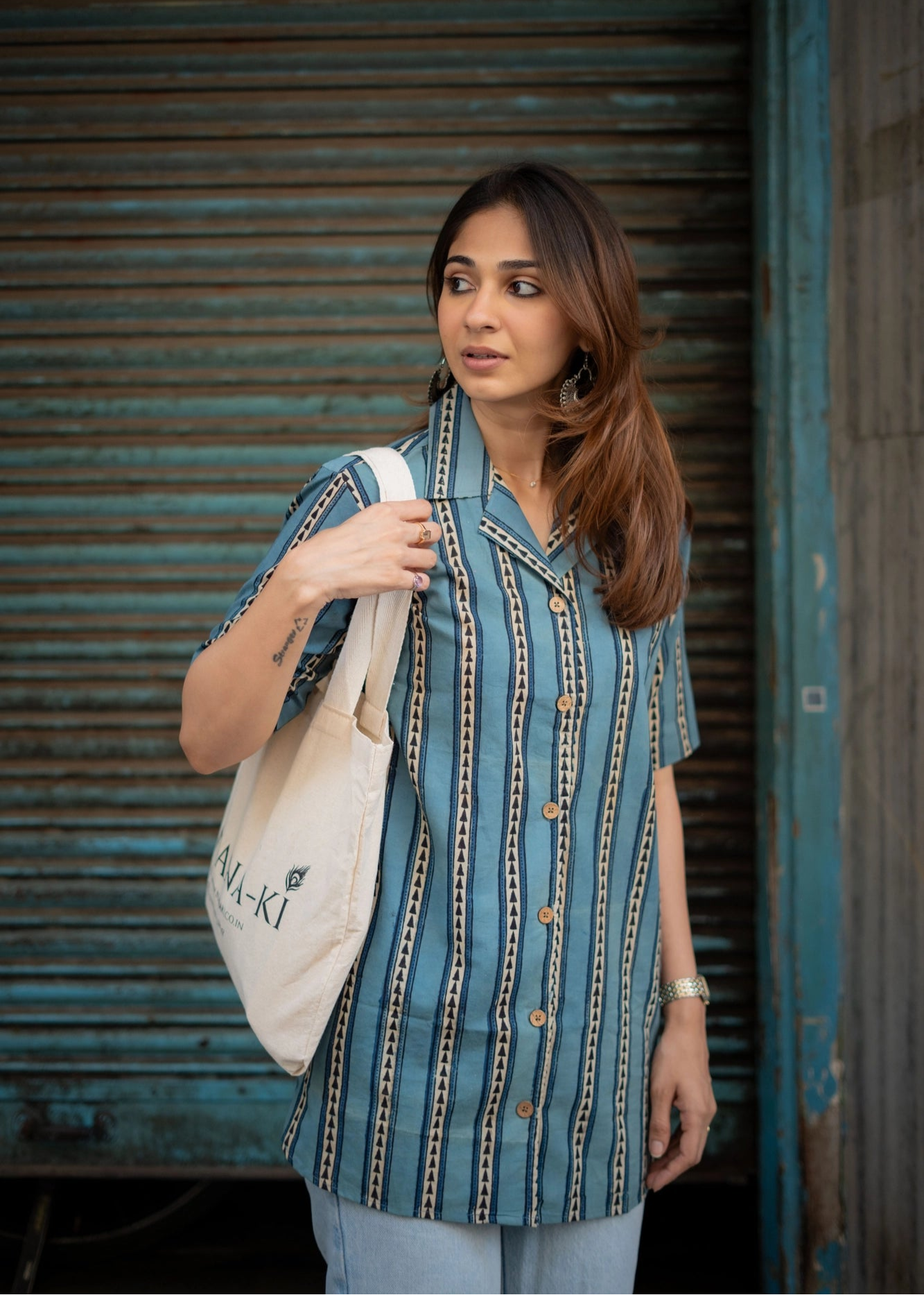 Indigo Ajrakh Stripe Shirt Kurti