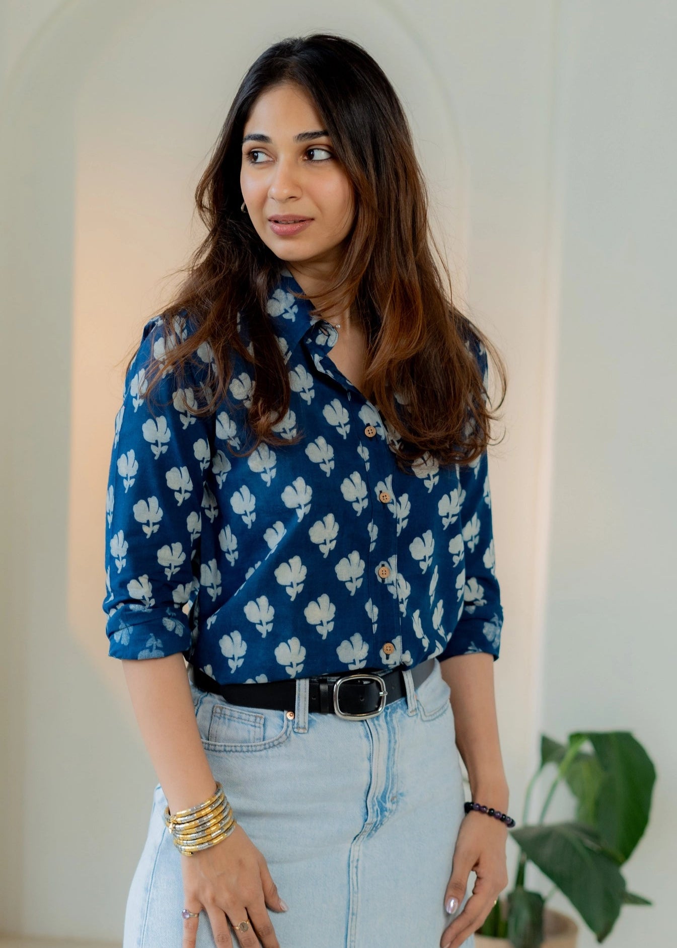 Navy Blue Bagru Block Print Cotton Shirt