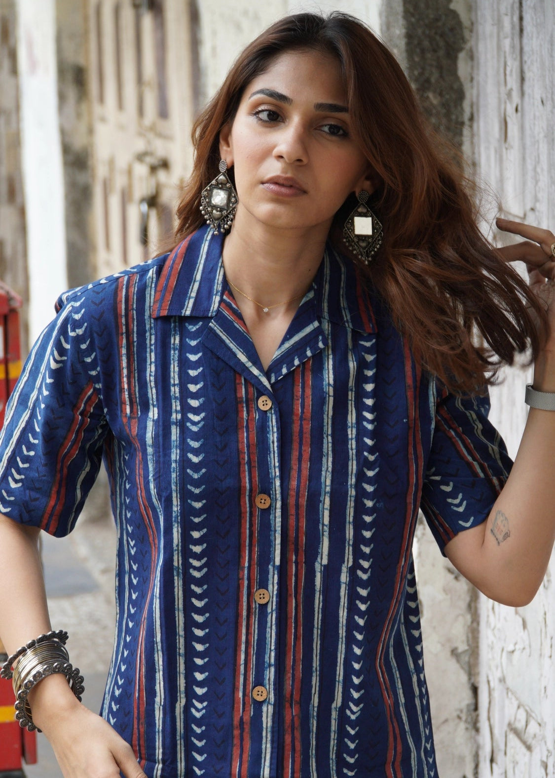 Indigo Stripe Handblock Cotton Shirt Kurti