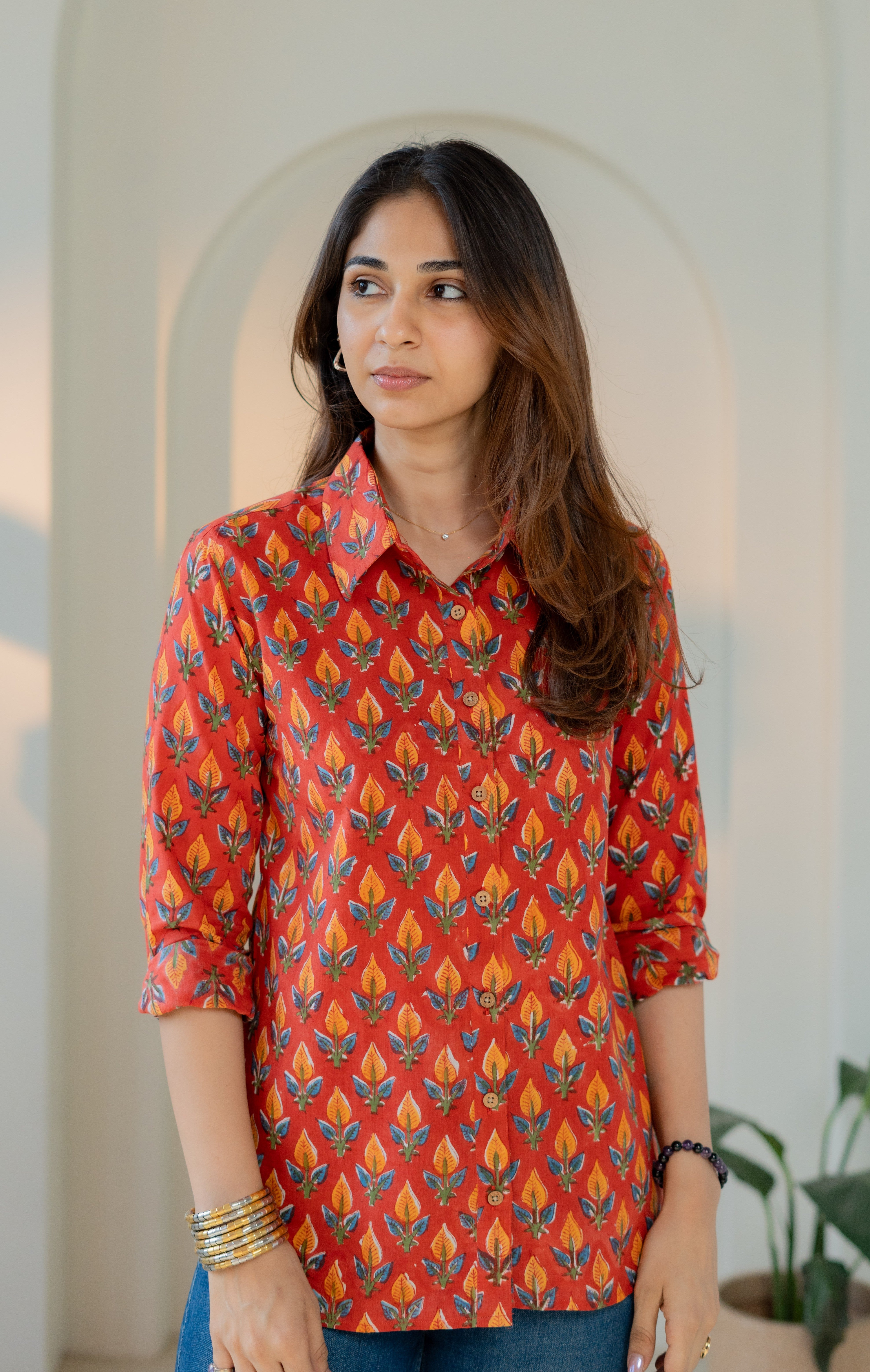 Mango Red Leaf Handblock Cotton Shirt