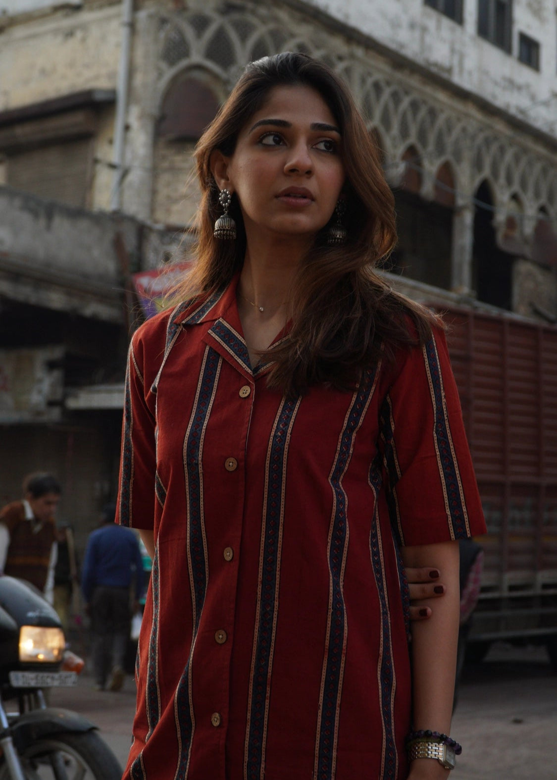 Red Ajrakh Stripe Shirt Kurti