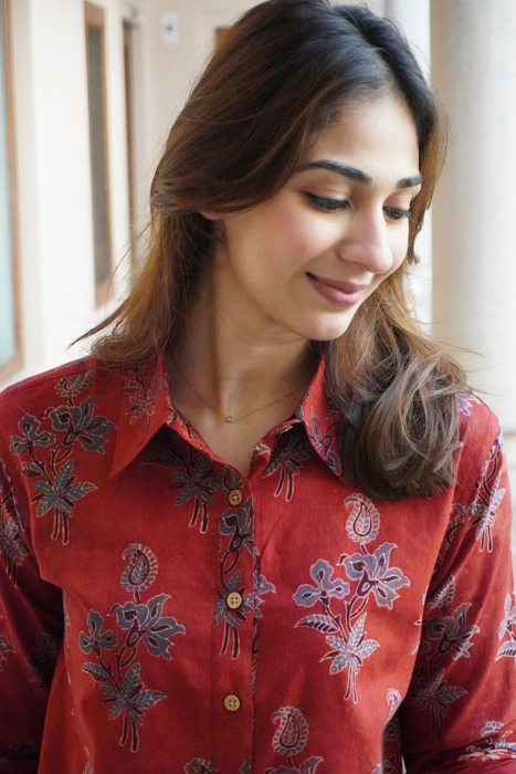 Red Ajrakh Floral Block Print Cotton Shirt