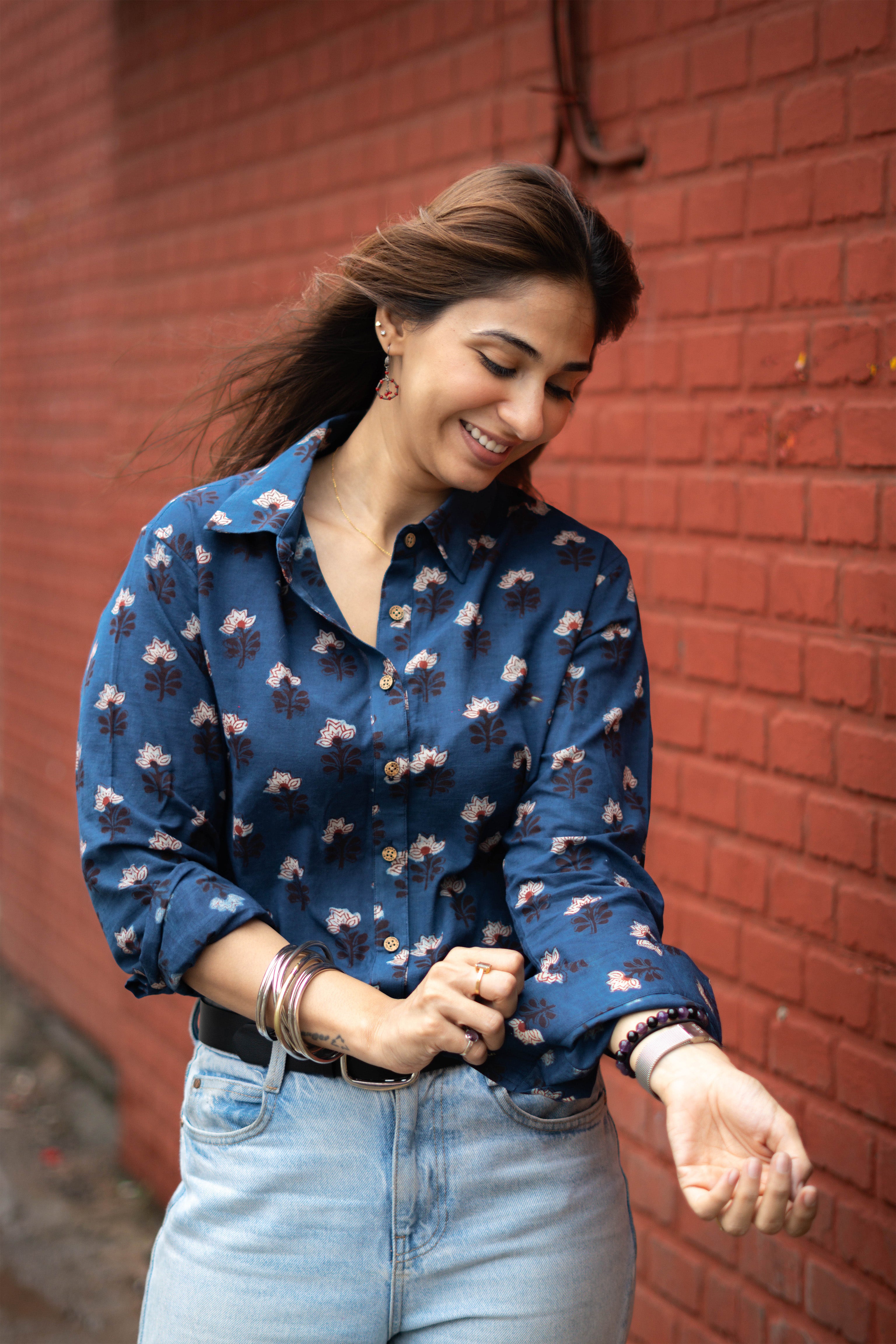 Indigo White Bagru Floral Handblock Cotton Shirt