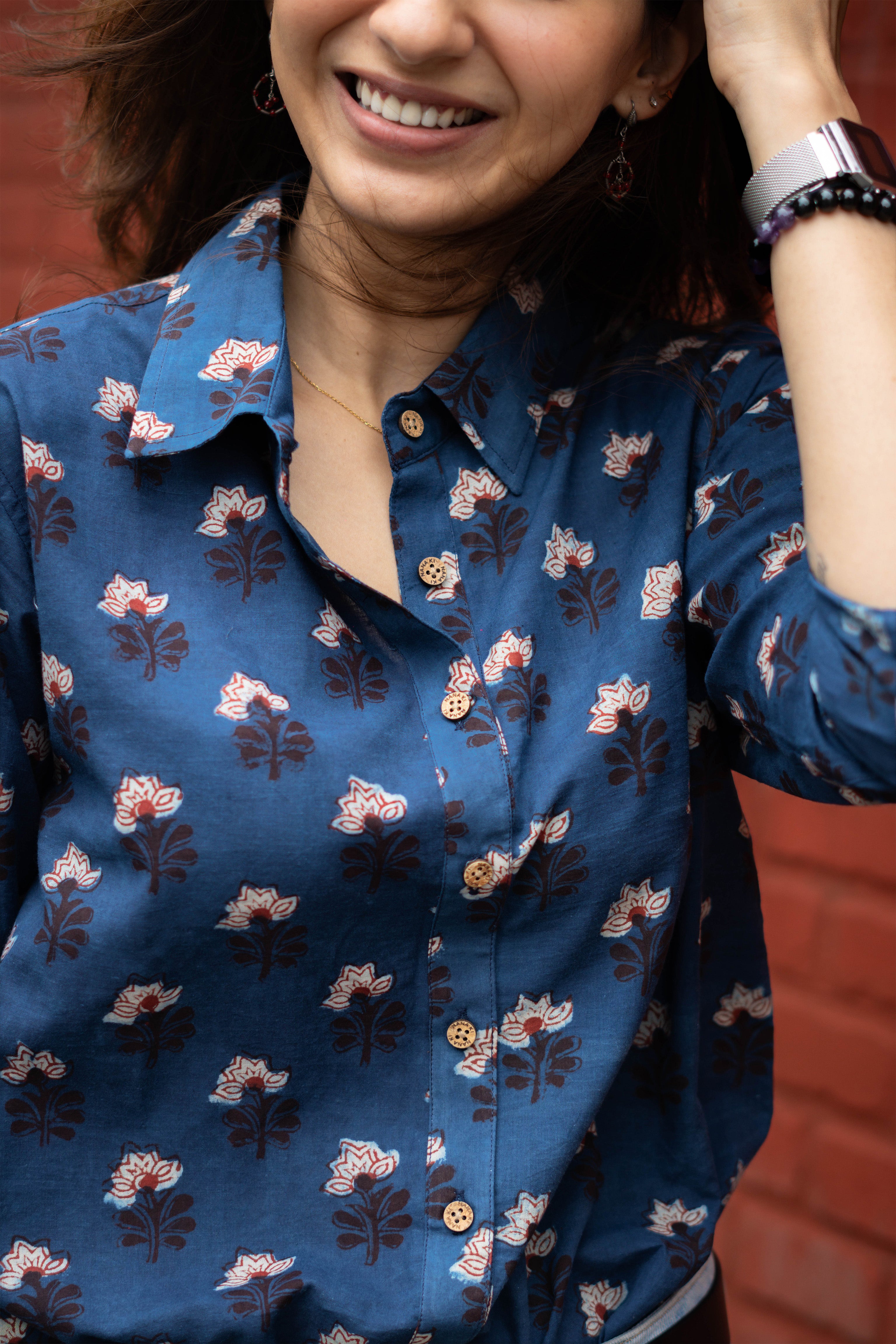 Indigo White Bagru Floral Handblock Cotton Shirt