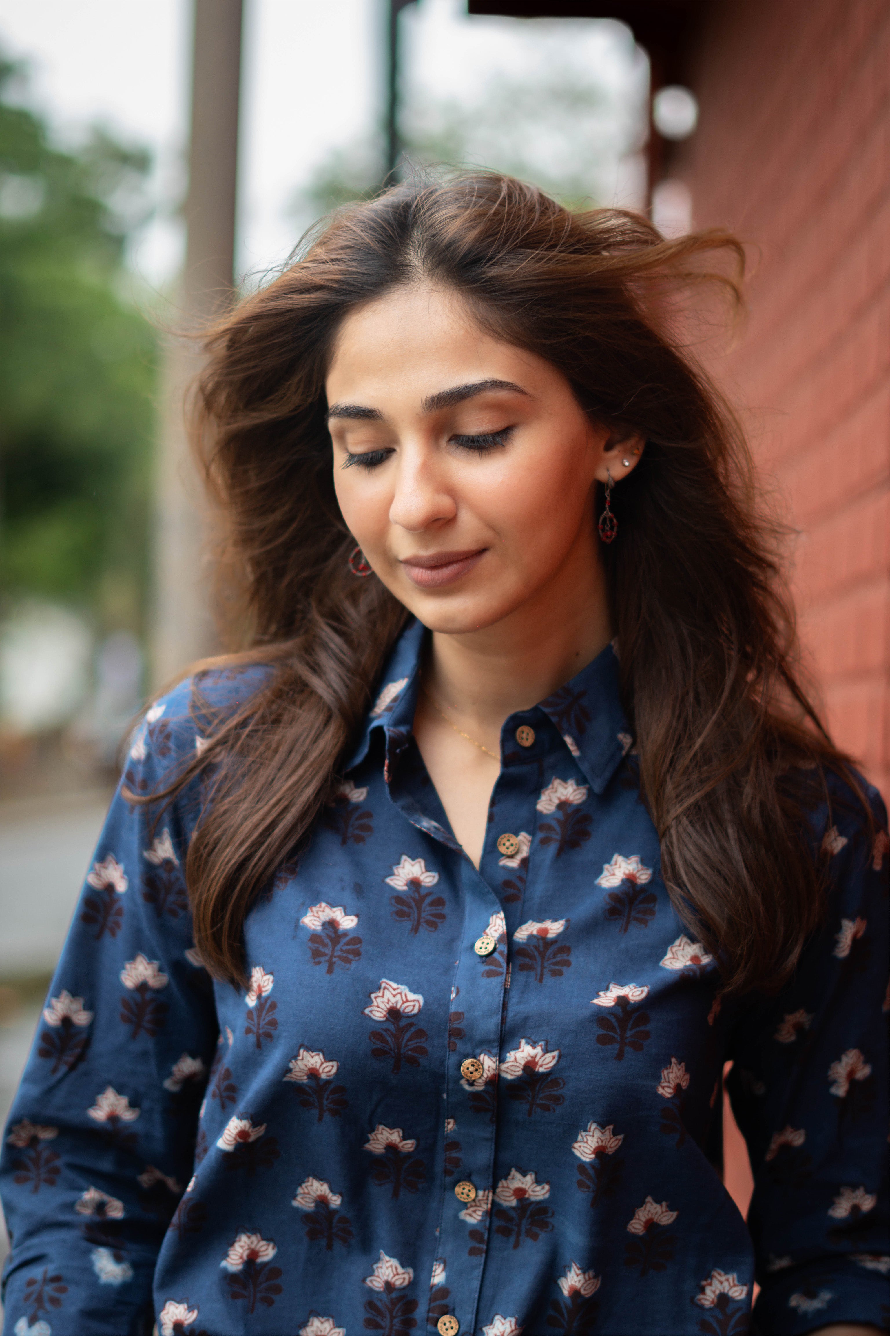 Indigo White Bagru Floral Handblock Cotton Shirt