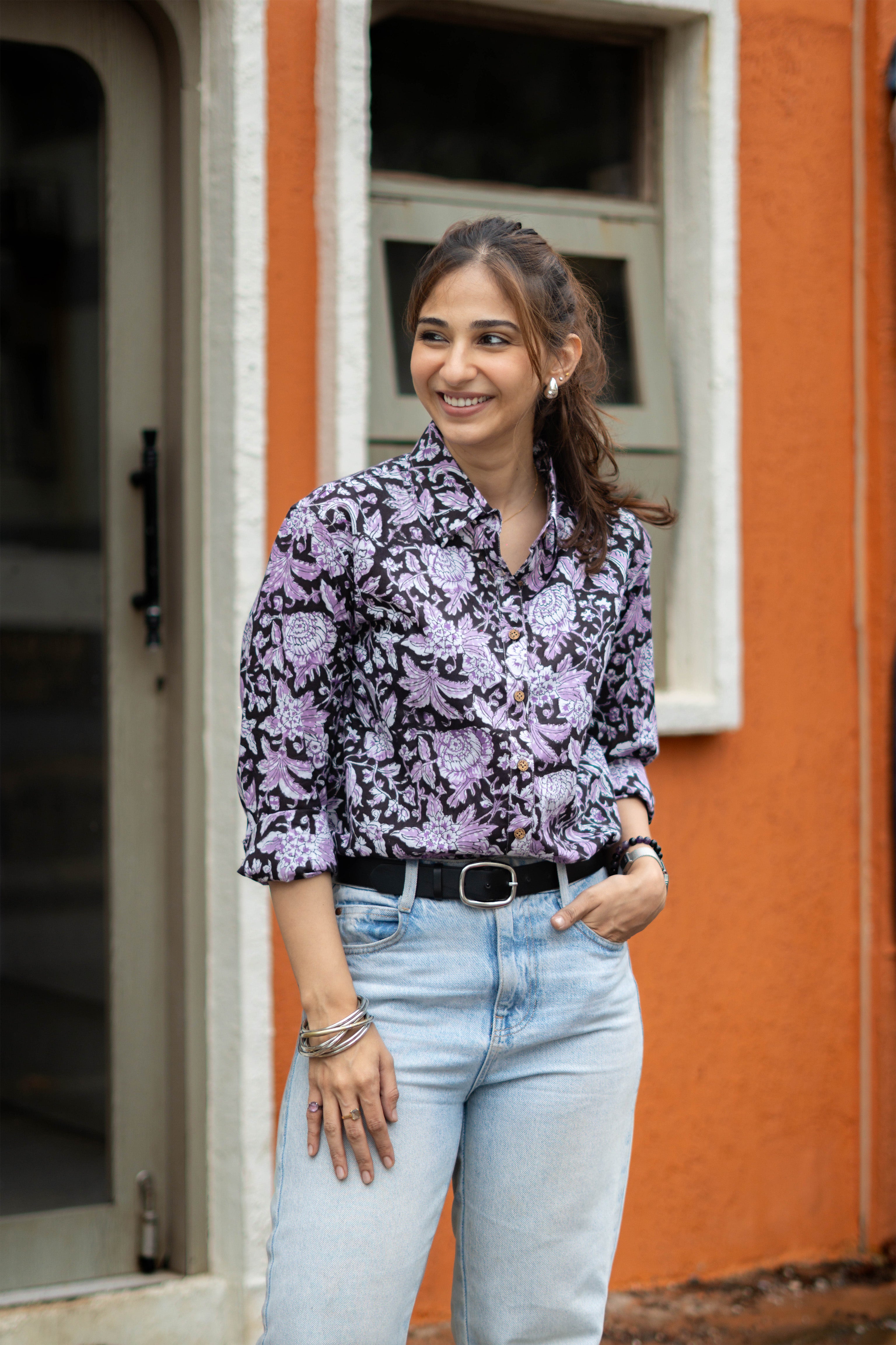 Purple Sanganeri Floral Handblock Cotton Shirt