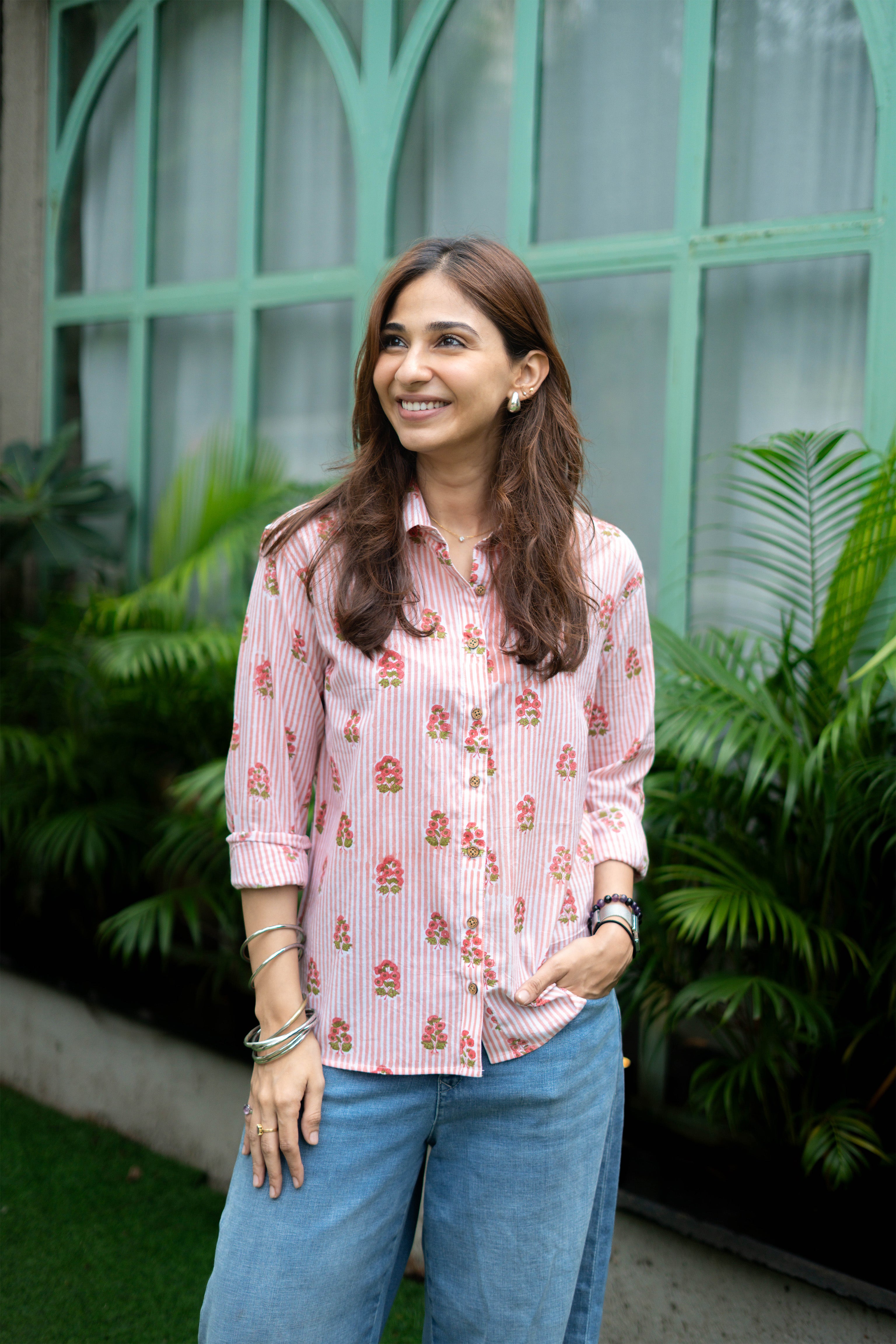 Pink Garden Handblock Cotton Shirt