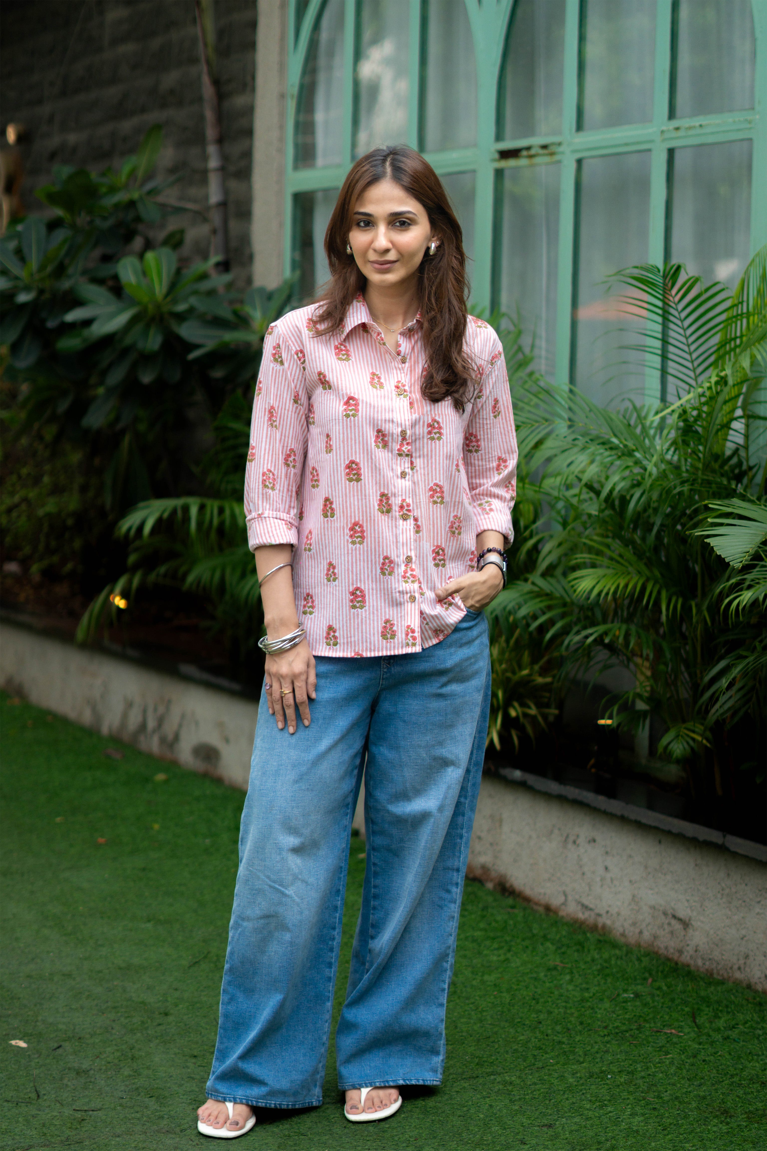 Pink Garden Handblock Cotton Shirt