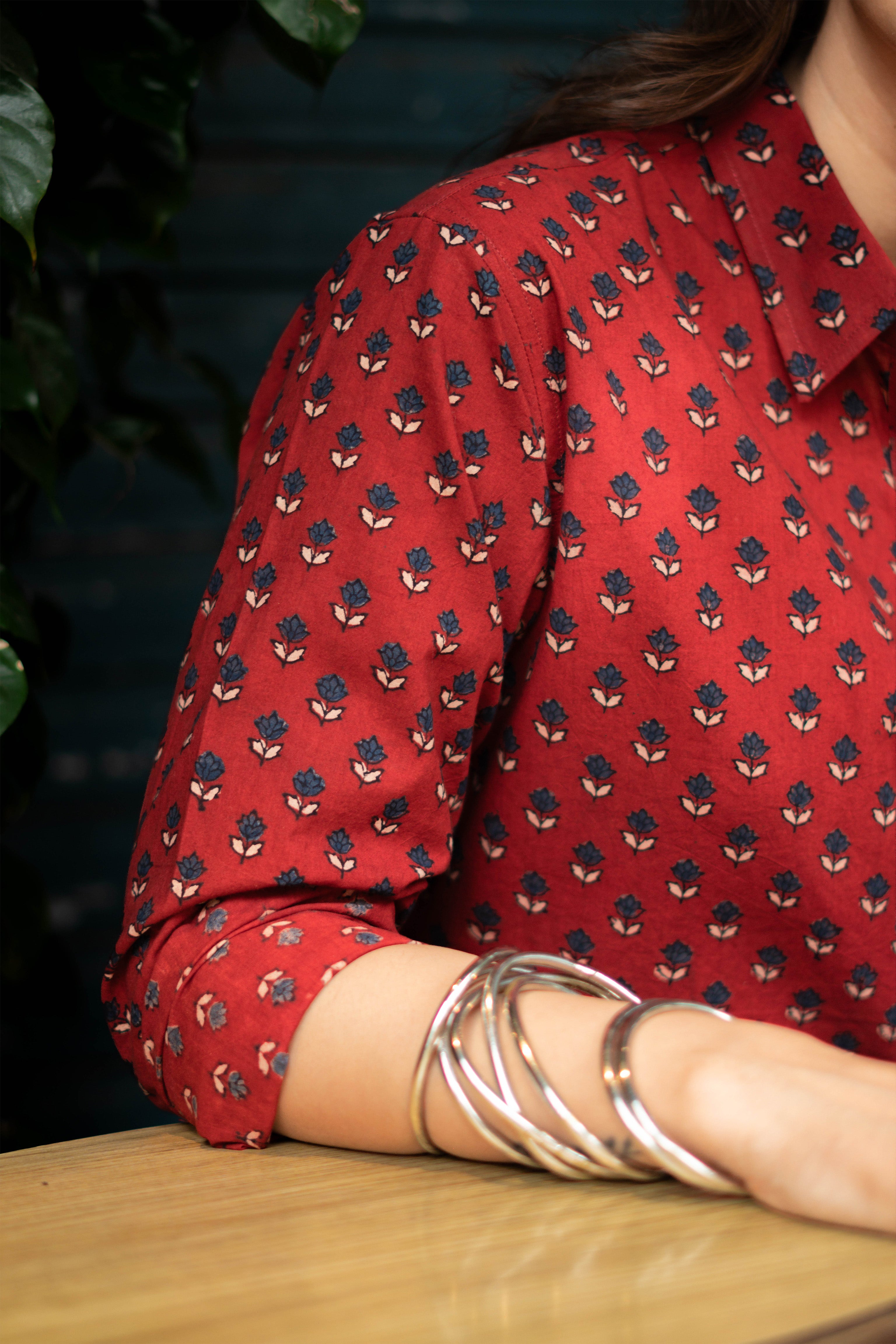 Ajrakh Red Indigo Handblock Cotton Shirt