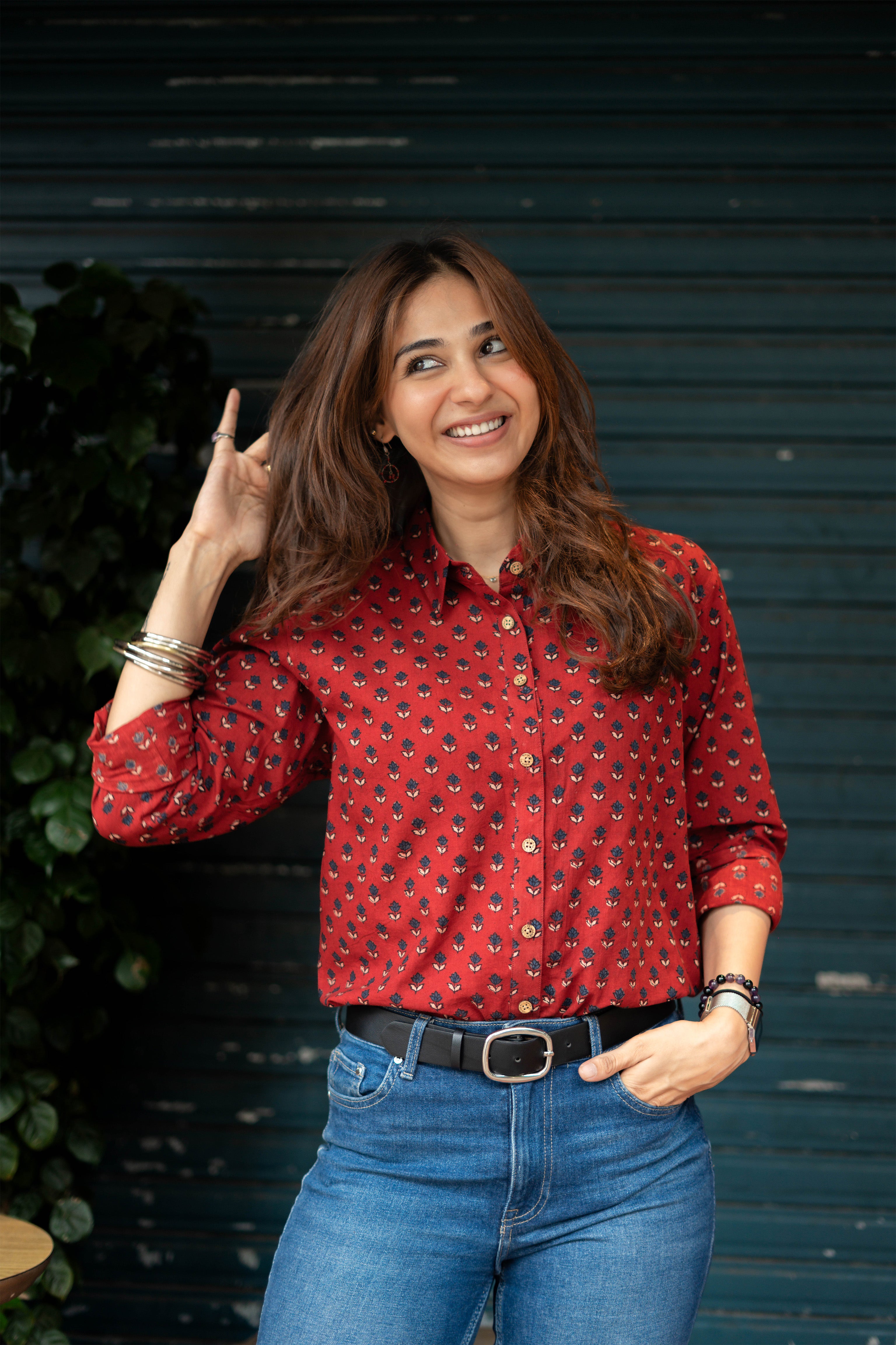 Ajrakh Red Indigo Handblock Cotton Shirt