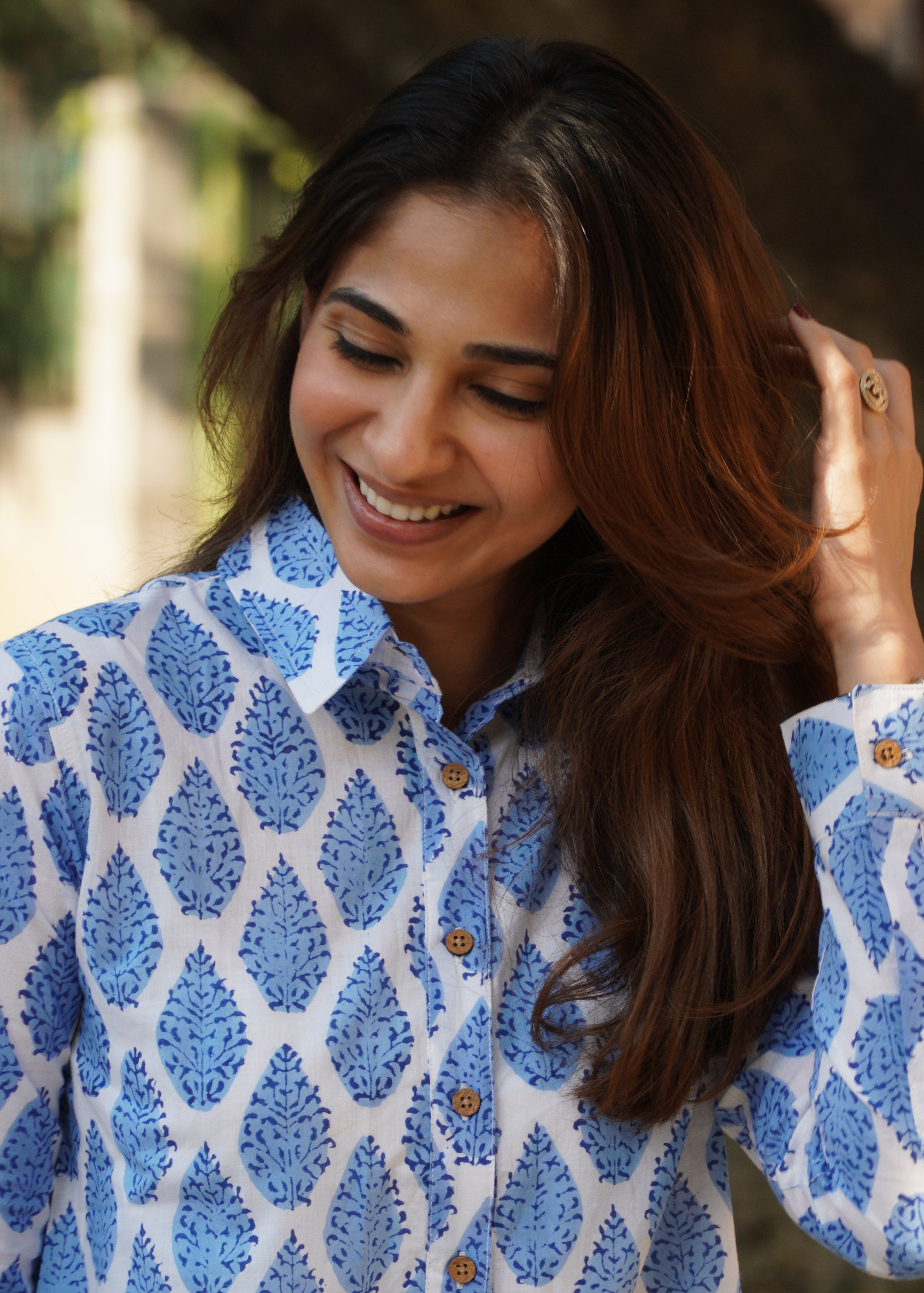 Blue Leaf Block Print Shirt