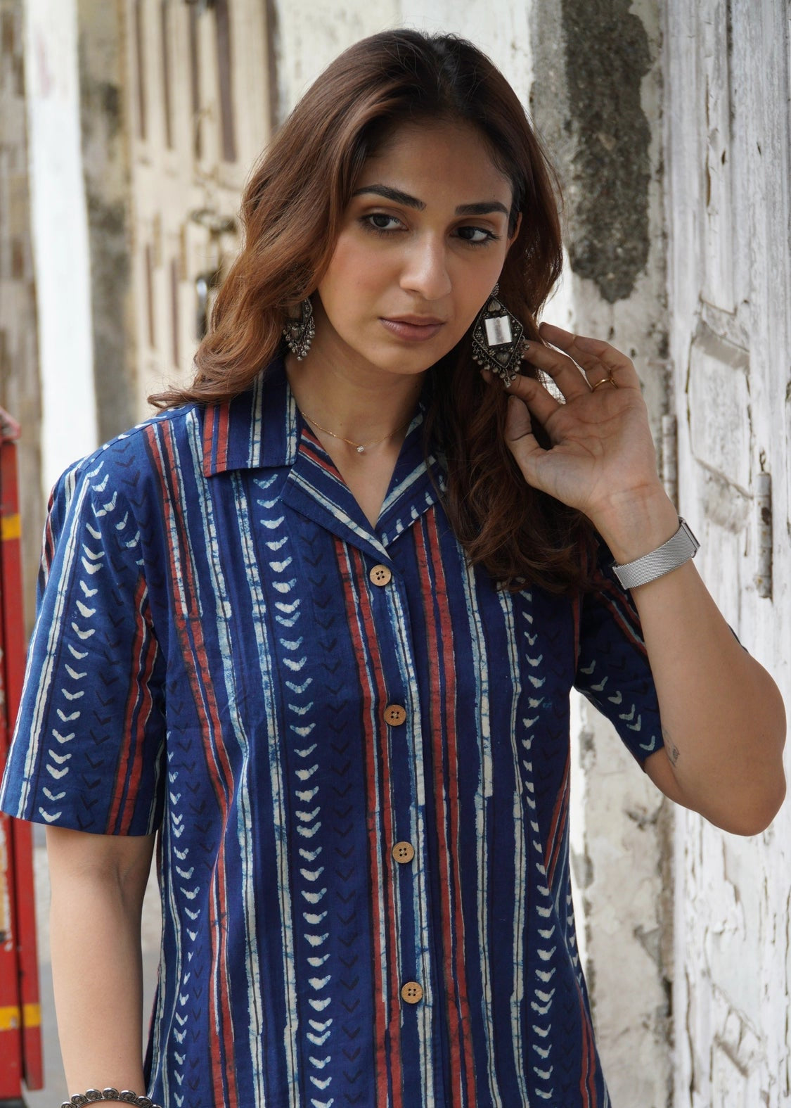Indigo Stripe Handblock Cotton Shirt Kurti