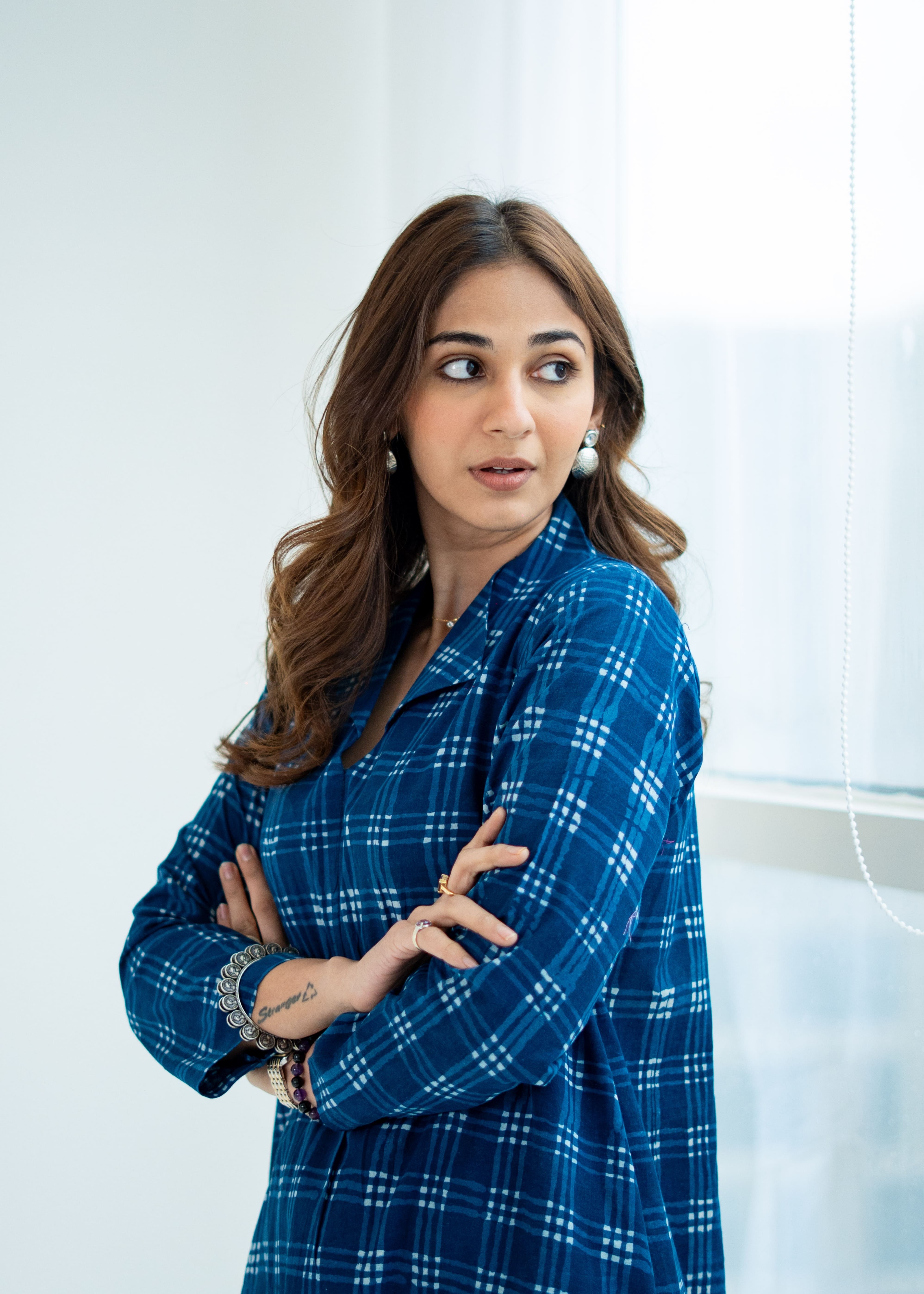 Indigo Checks Block Print Cotton A Line Dress