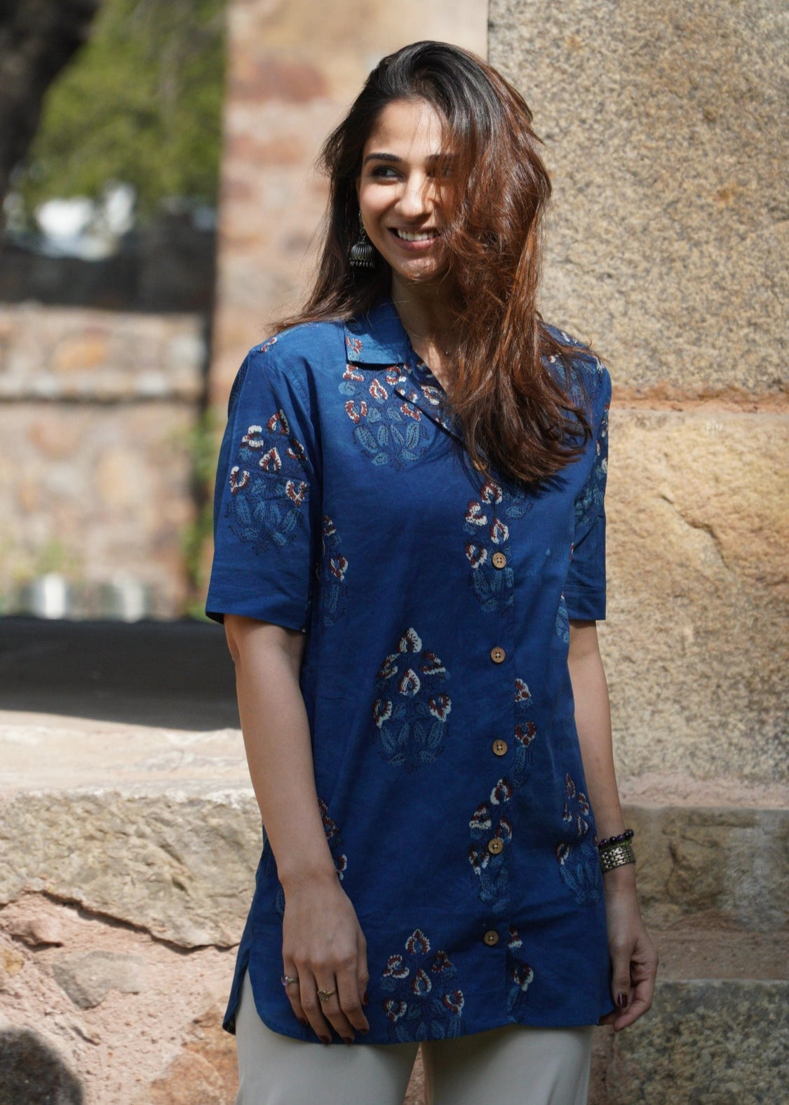 Indigo Bagru Floral Shirt Kurti