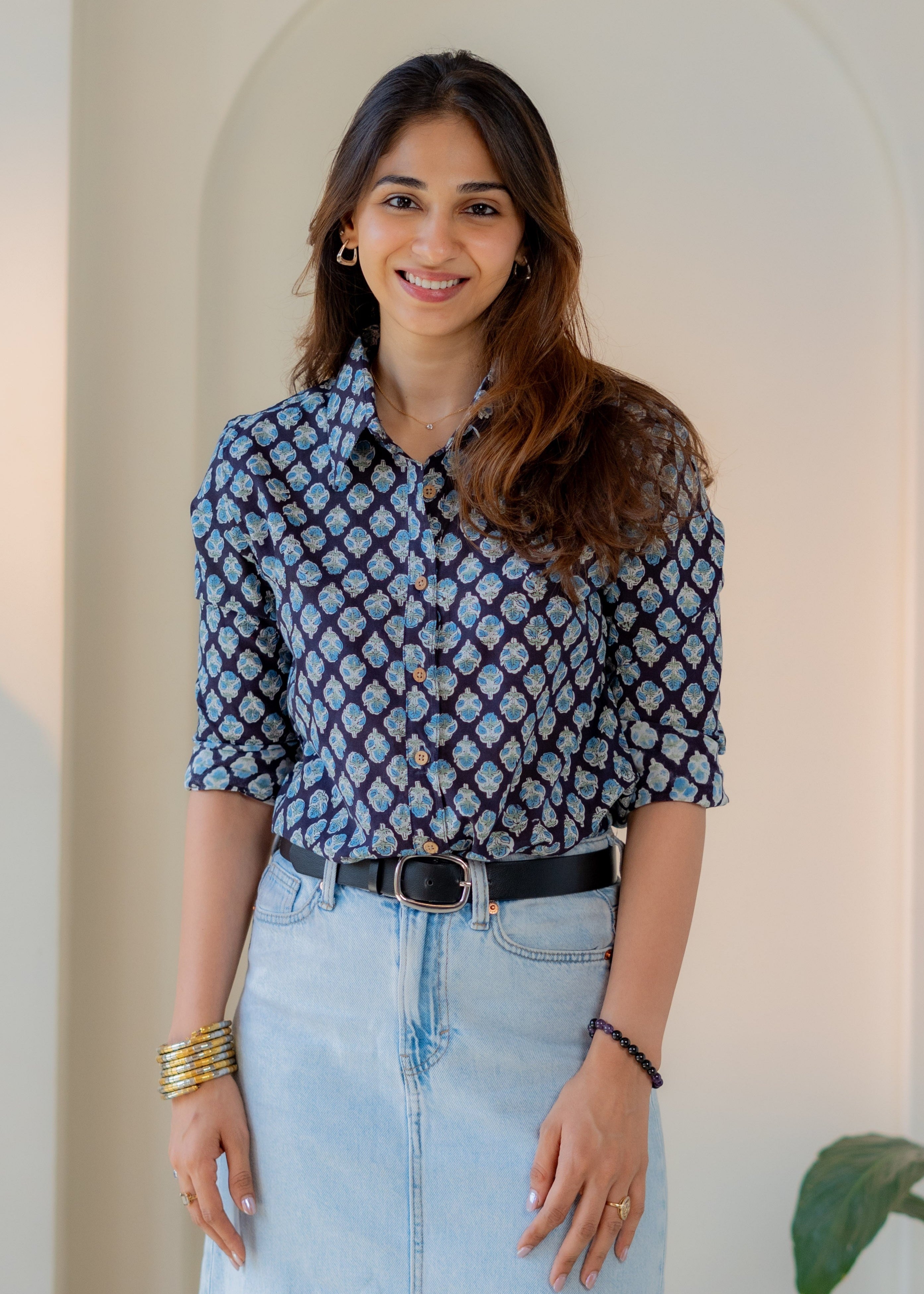 Blue Flower Block Print Shirt