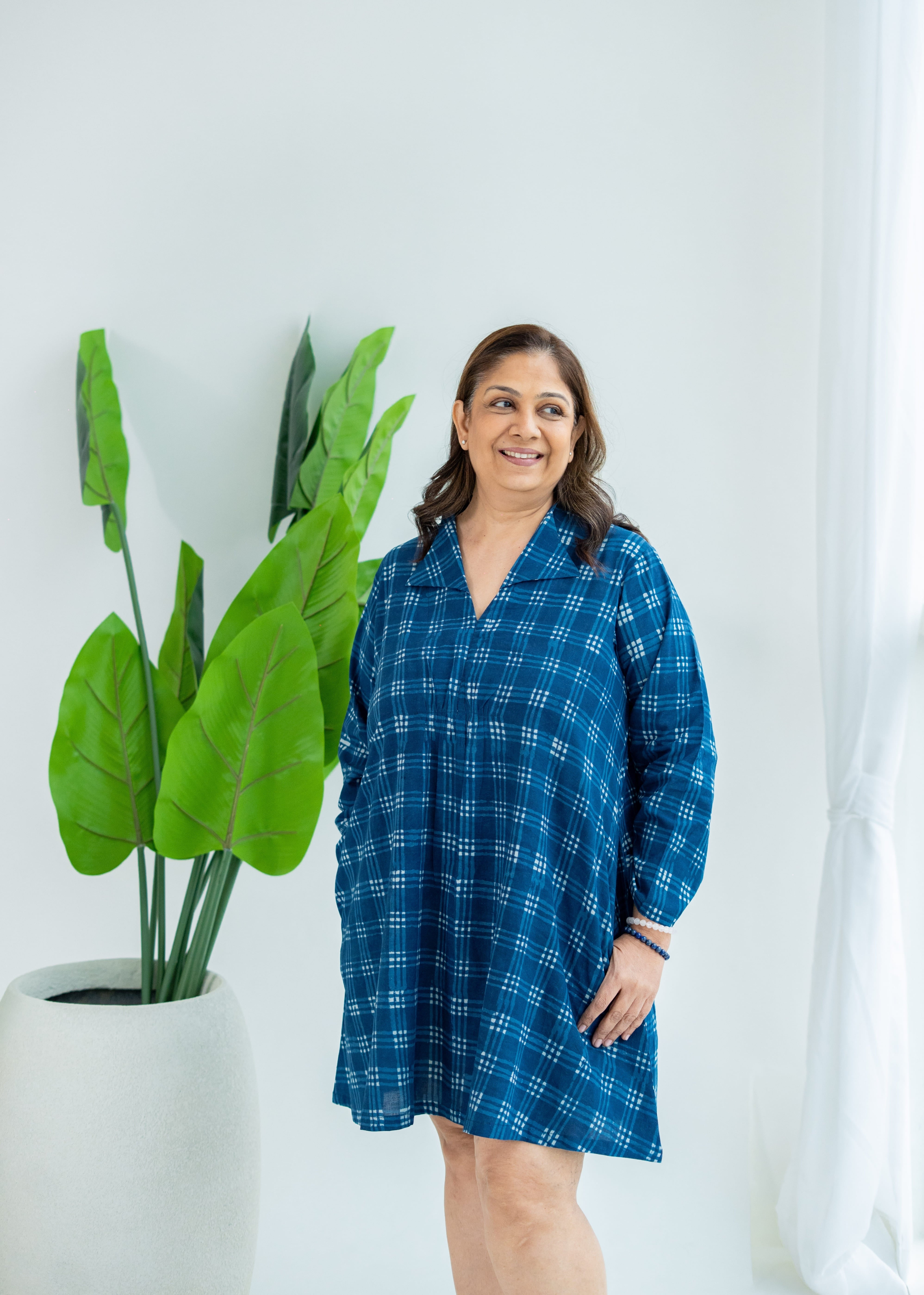 Indigo Checks Block Print Cotton A Line Dress