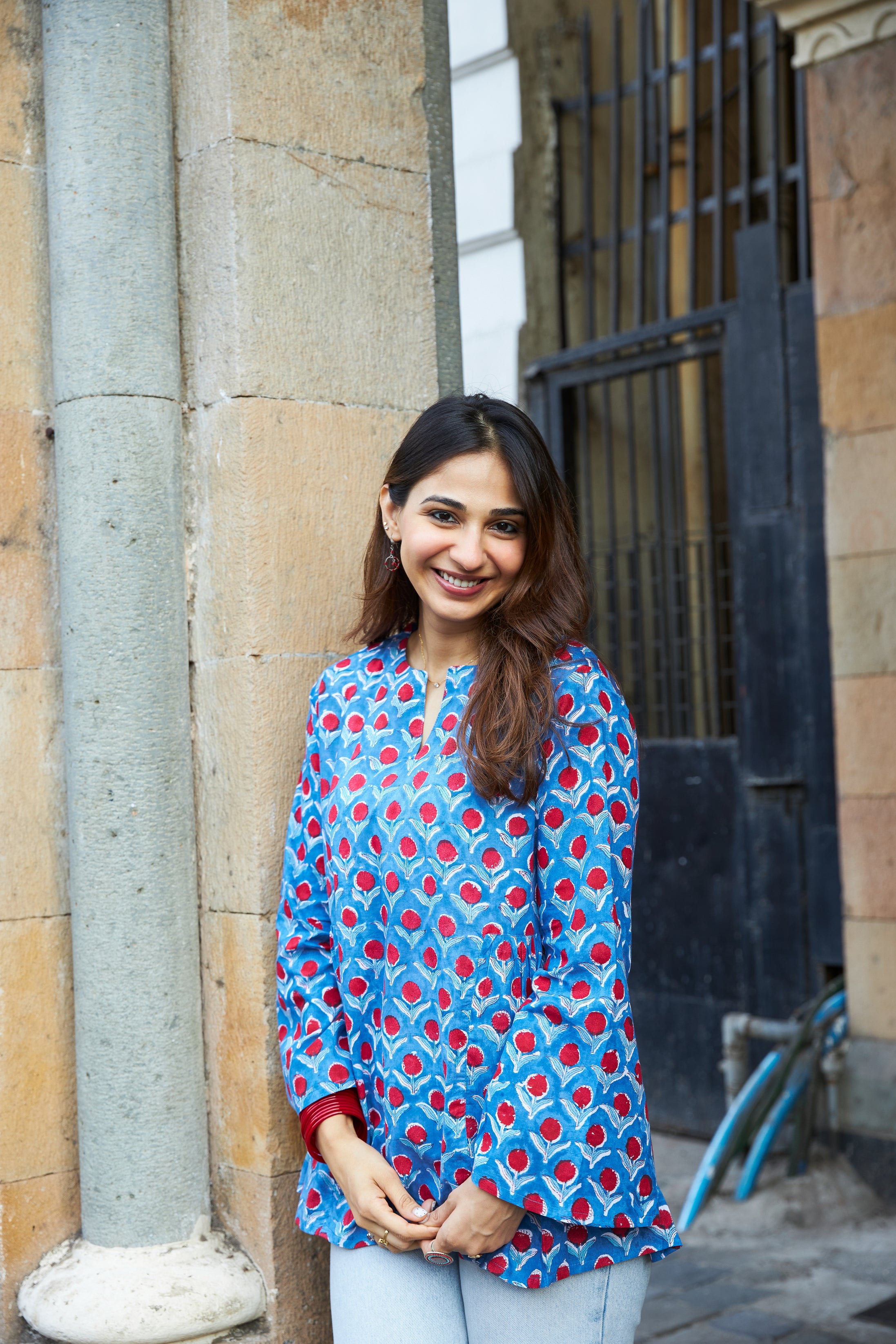 Blue Cherry Bell Sleeves Cotton Short Top