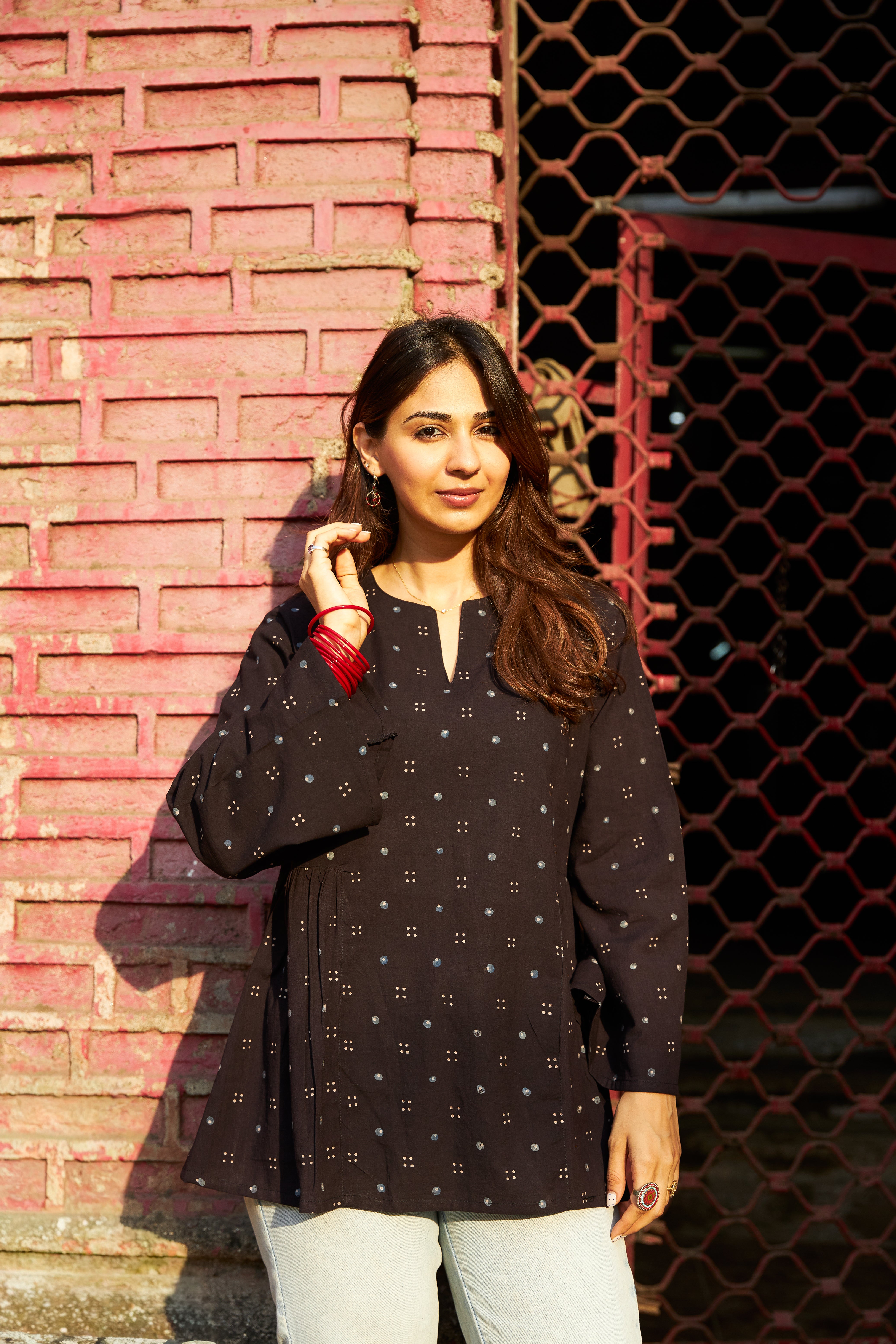 Black Ajrakh Bell Sleeves Cotton Short Top