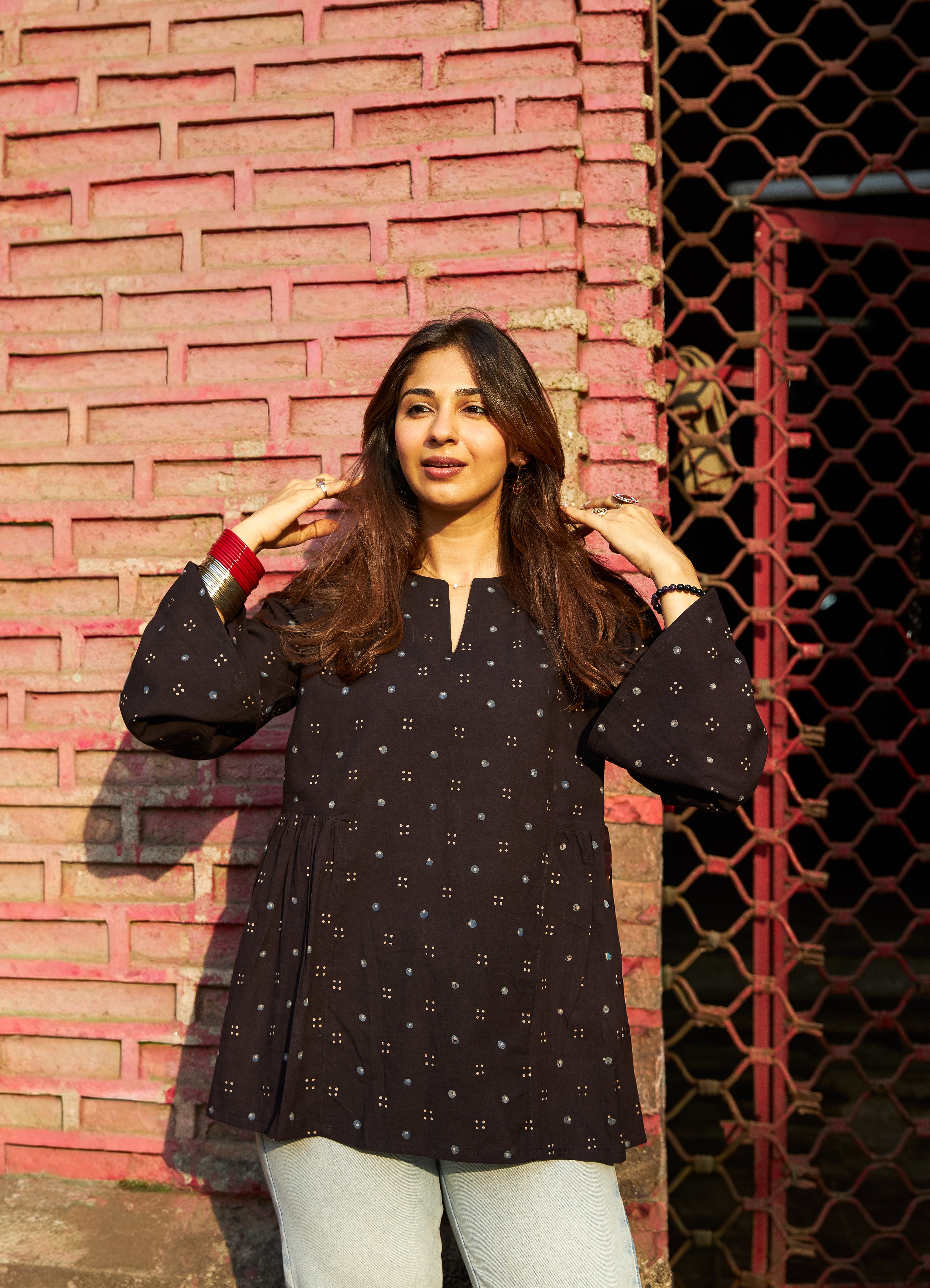 Black Ajrakh Bell Sleeves Cotton Short Top