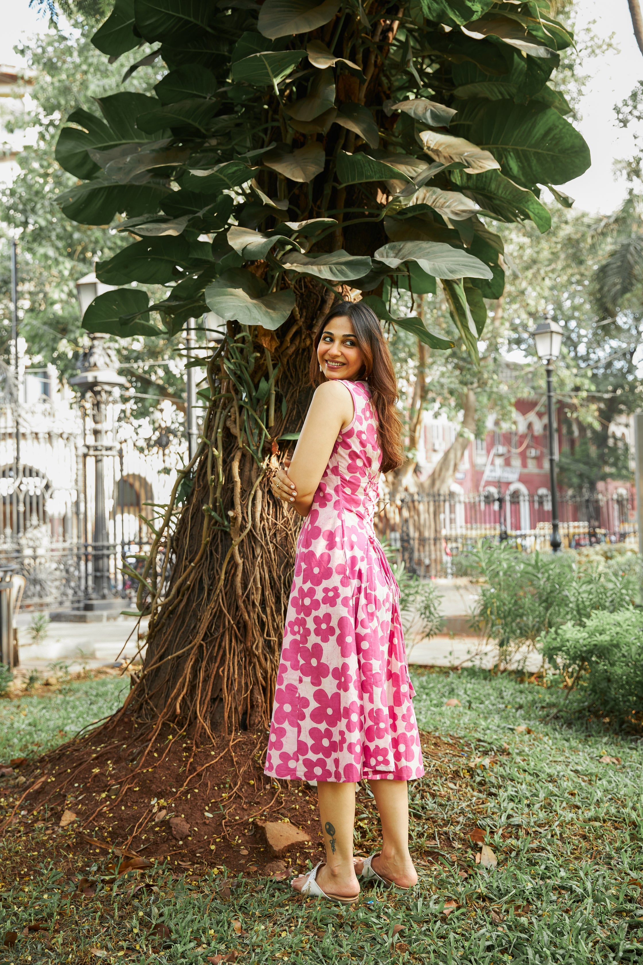 Pink Bagru Floral Handblock Cotton Corset Dress