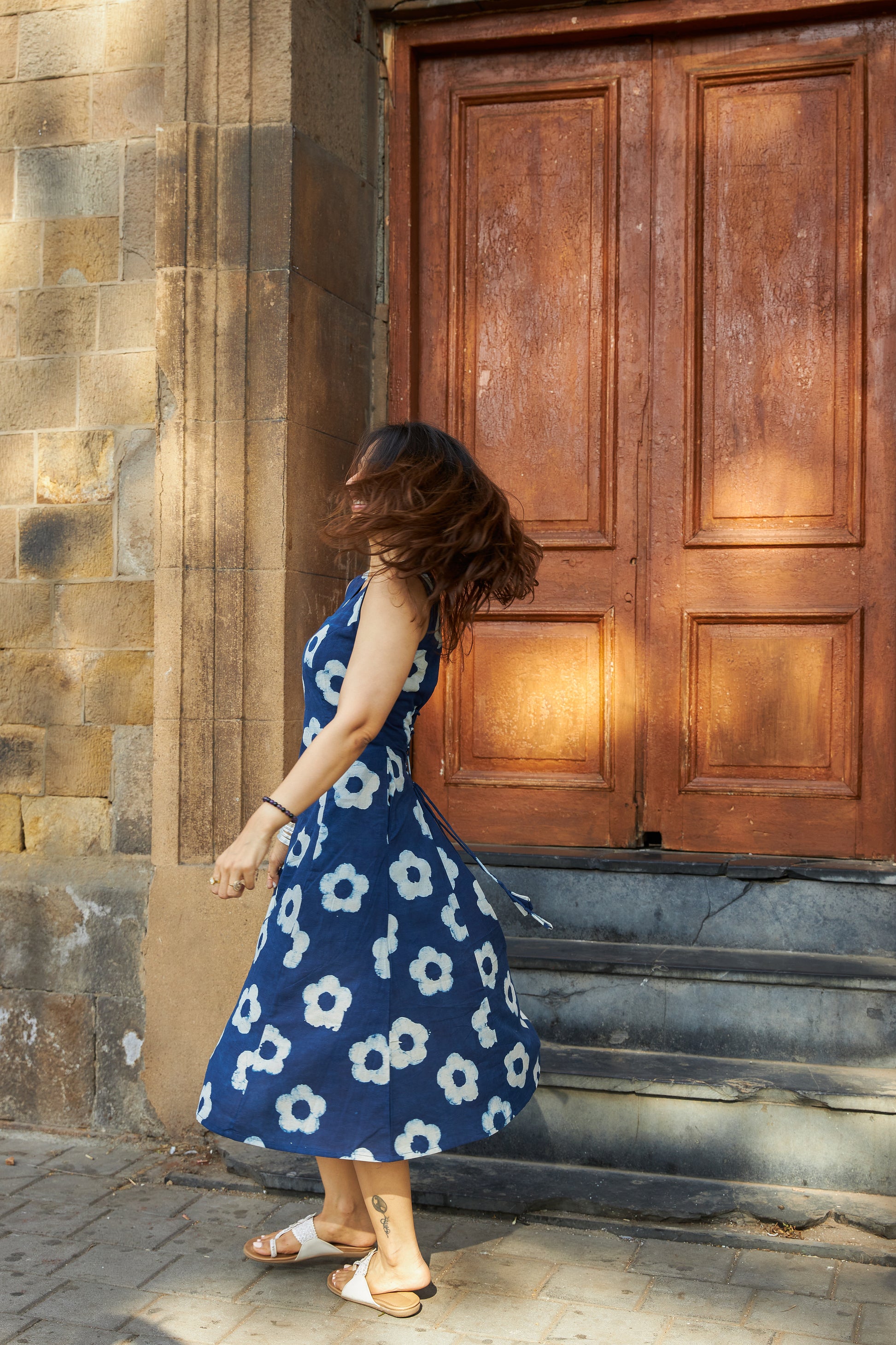 Indigo Floral Handblock Cotton Corset Dress
