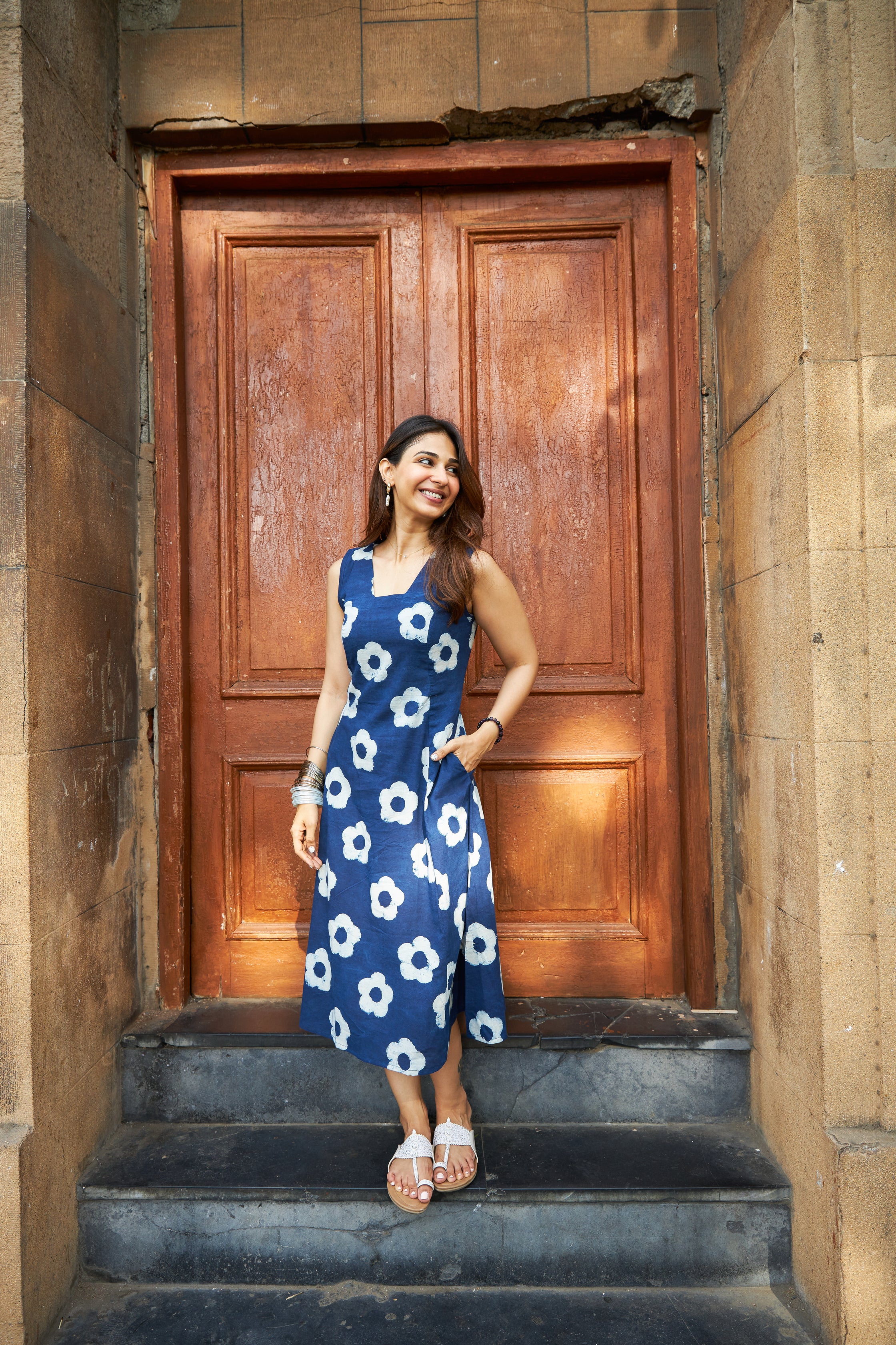 Indigo Floral Handblock Cotton Corset Dress