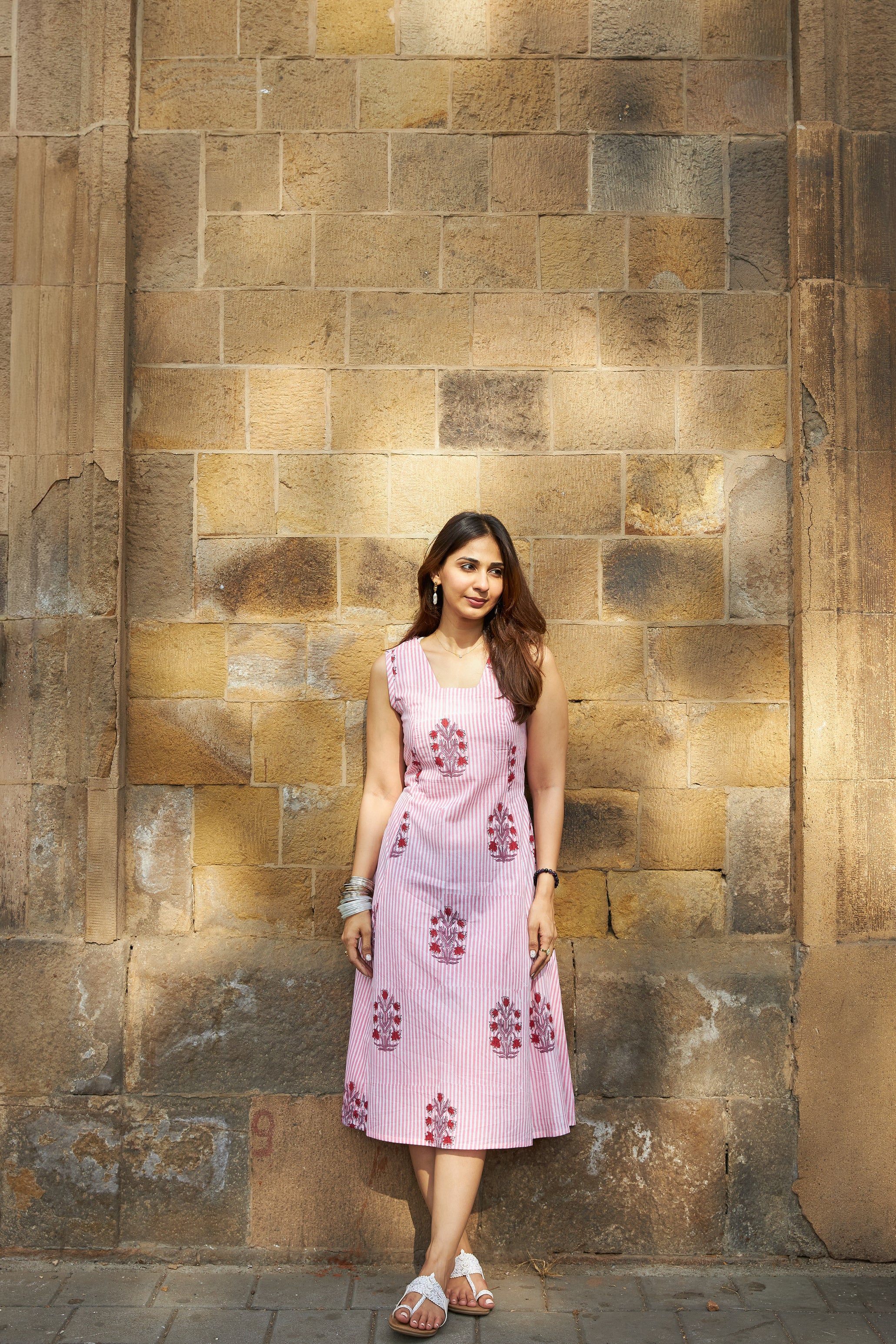 Pink Stripe Floral Handblock Cotton Corset Dress