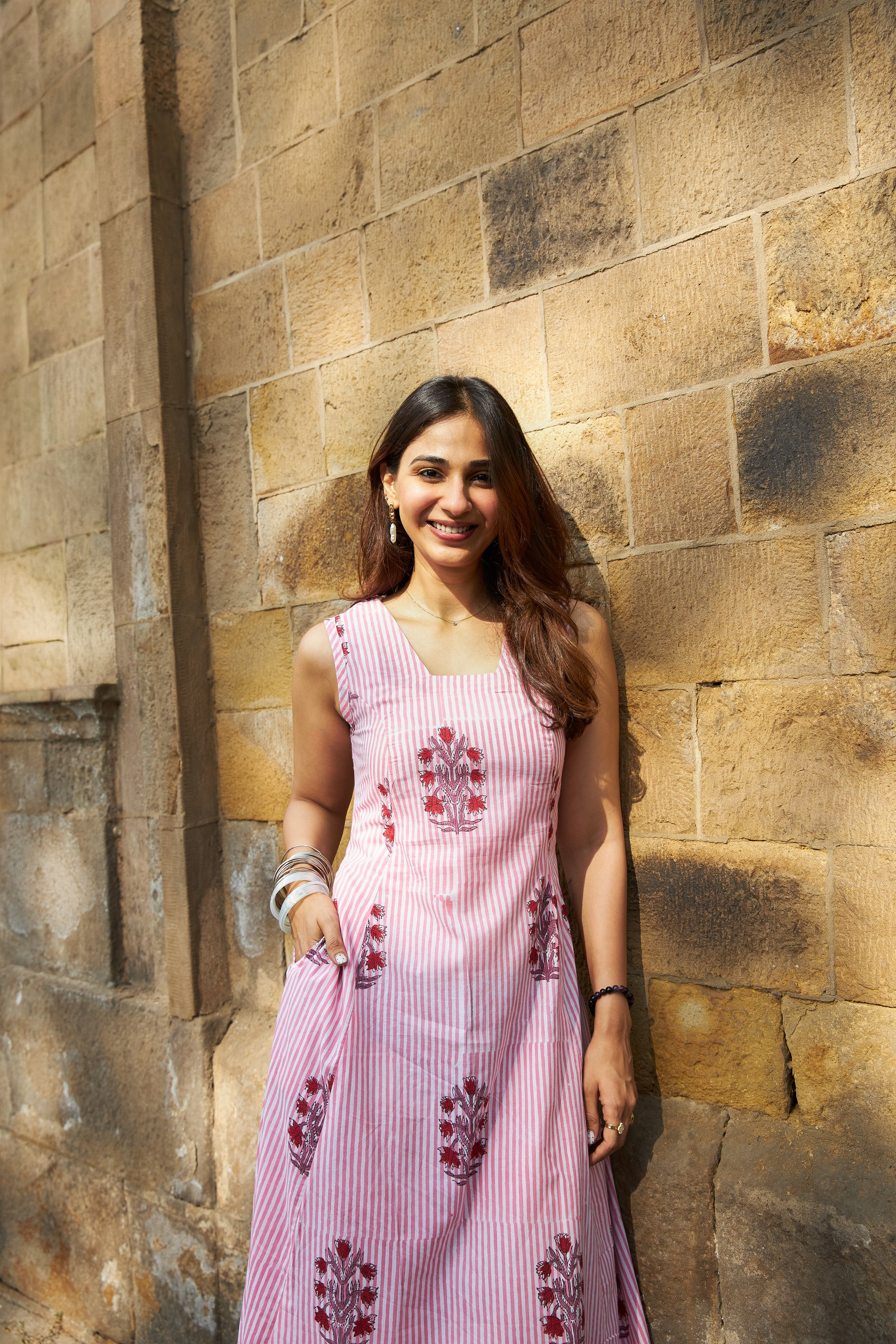 Pink Stripe Floral Handblock Cotton Corset Dress
