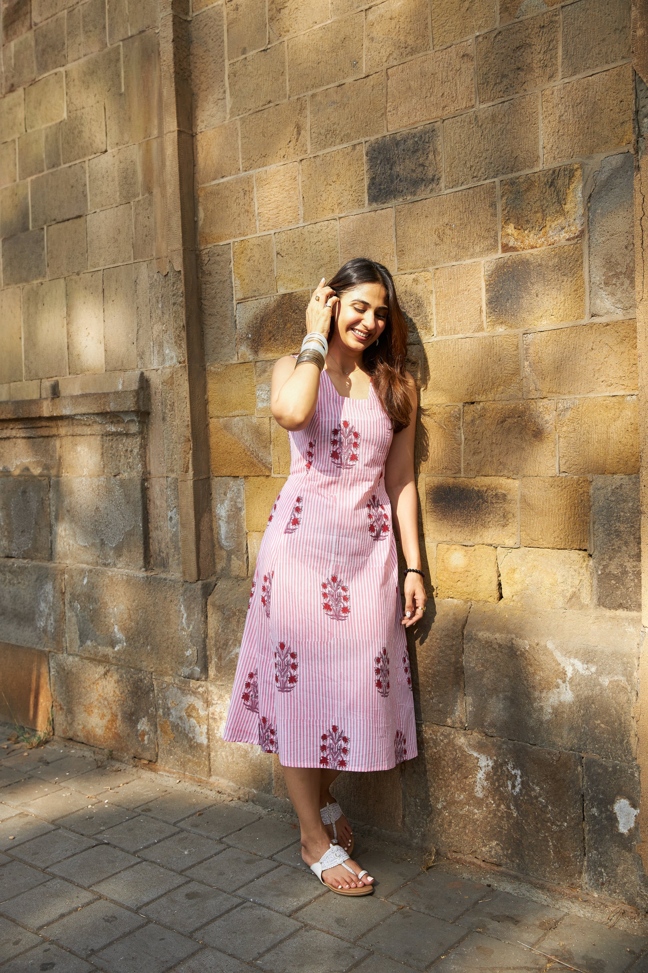 Pink Stripe Floral Handblock Cotton Corset Dress