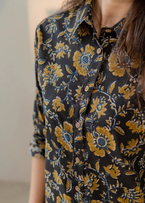 Mustard Floral Handblock Shirt