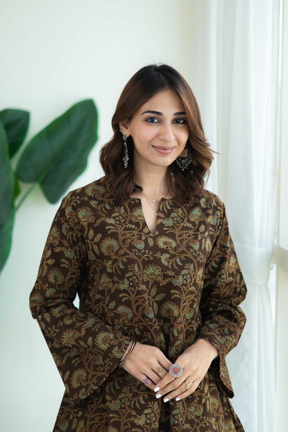Ajrakh Gold Floral Bell Sleeves Cotton Short Top