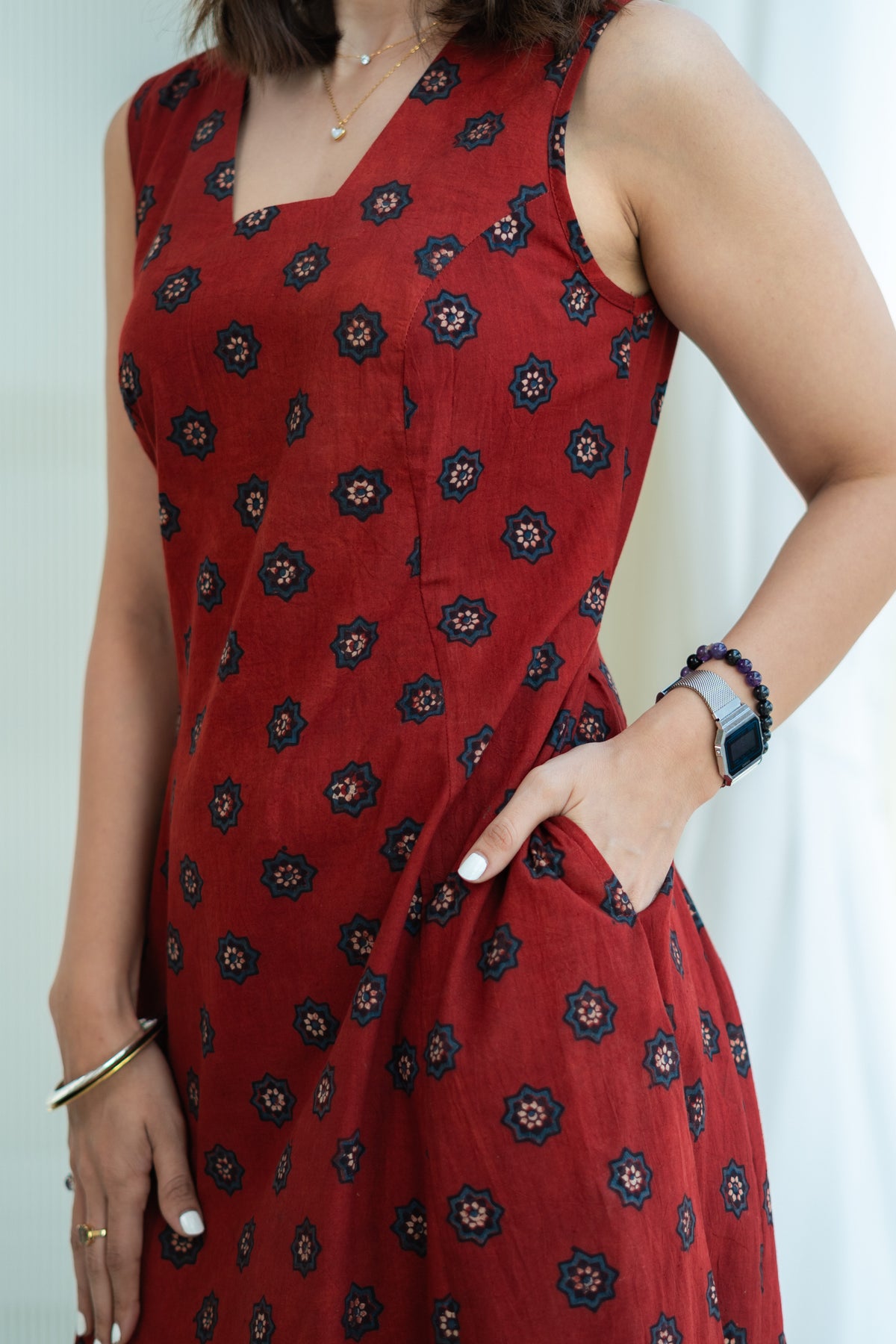 Ajrakh Laal Sitara Cotton Corset Dress