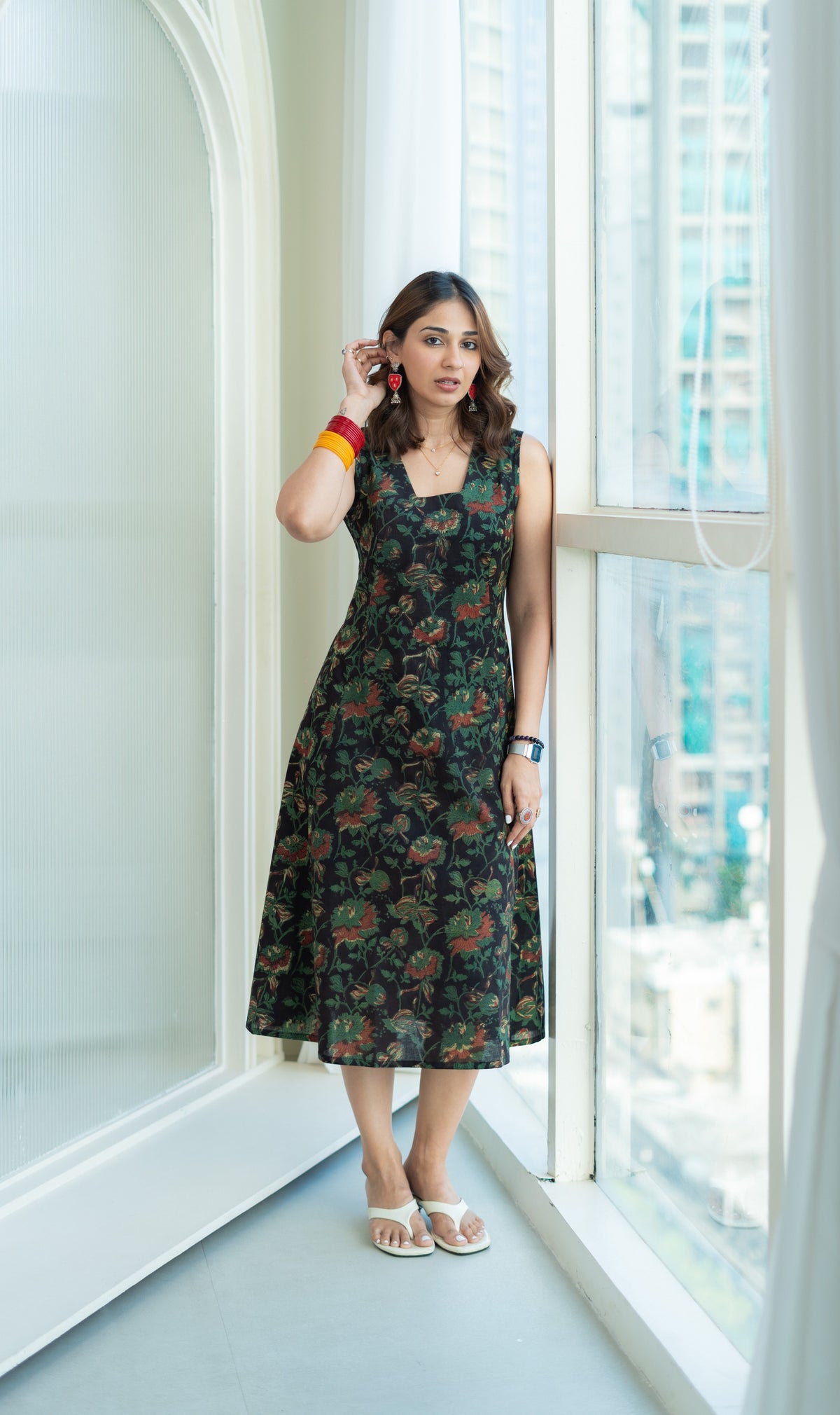 Syahi Green Floral Cotton Corset Dress