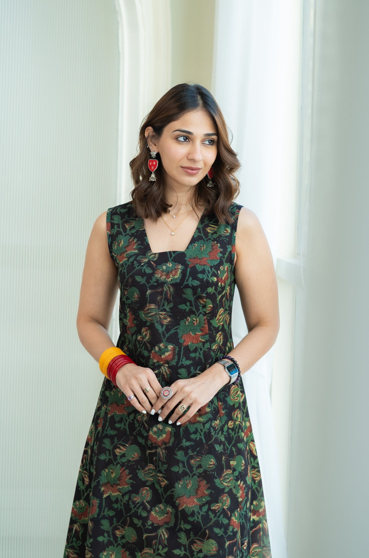 Syahi Green Floral Cotton Corset Dress