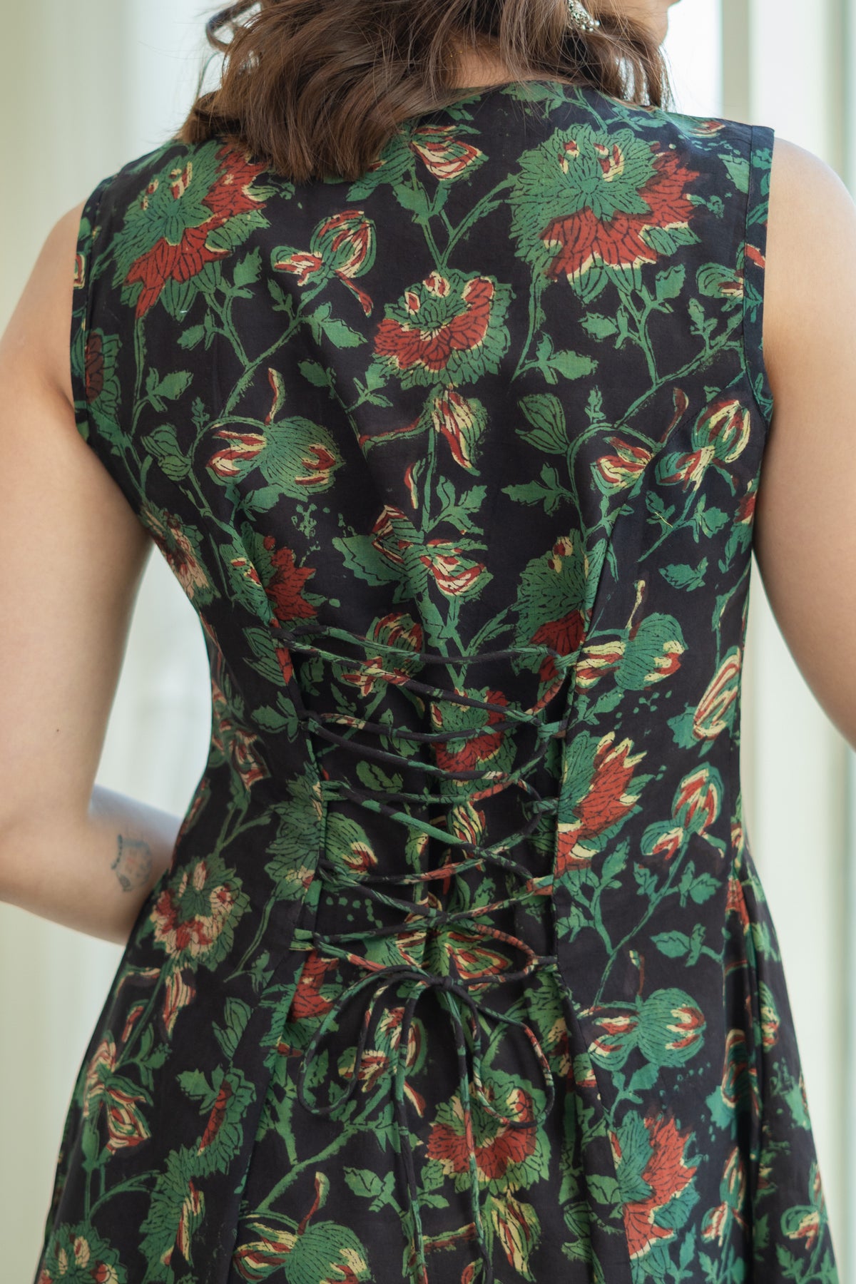 Syahi Green Floral Cotton Corset Dress