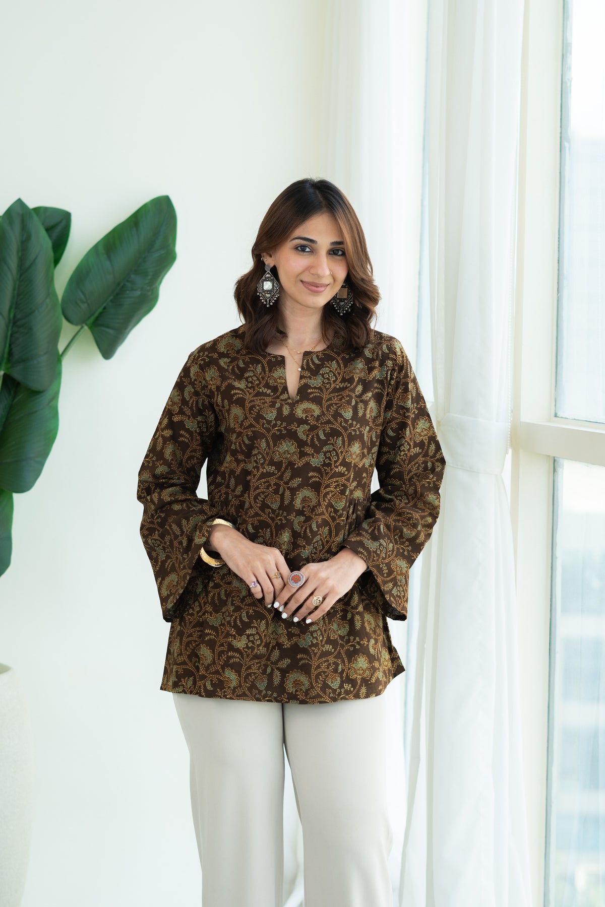 Ajrakh Gold Floral Bell Sleeves Cotton Short Top