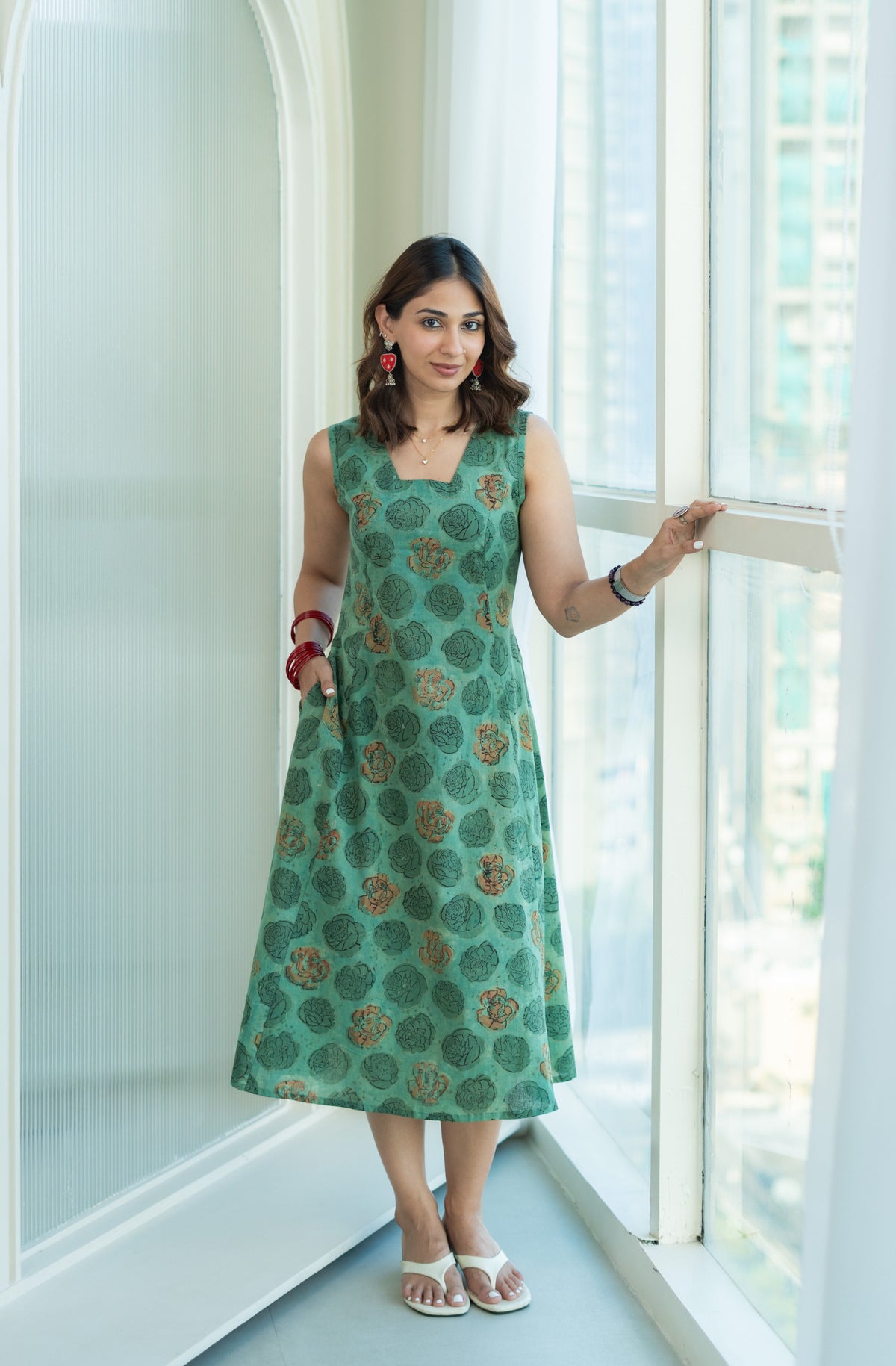 Green Bagru Floral Cotton Corset Dress