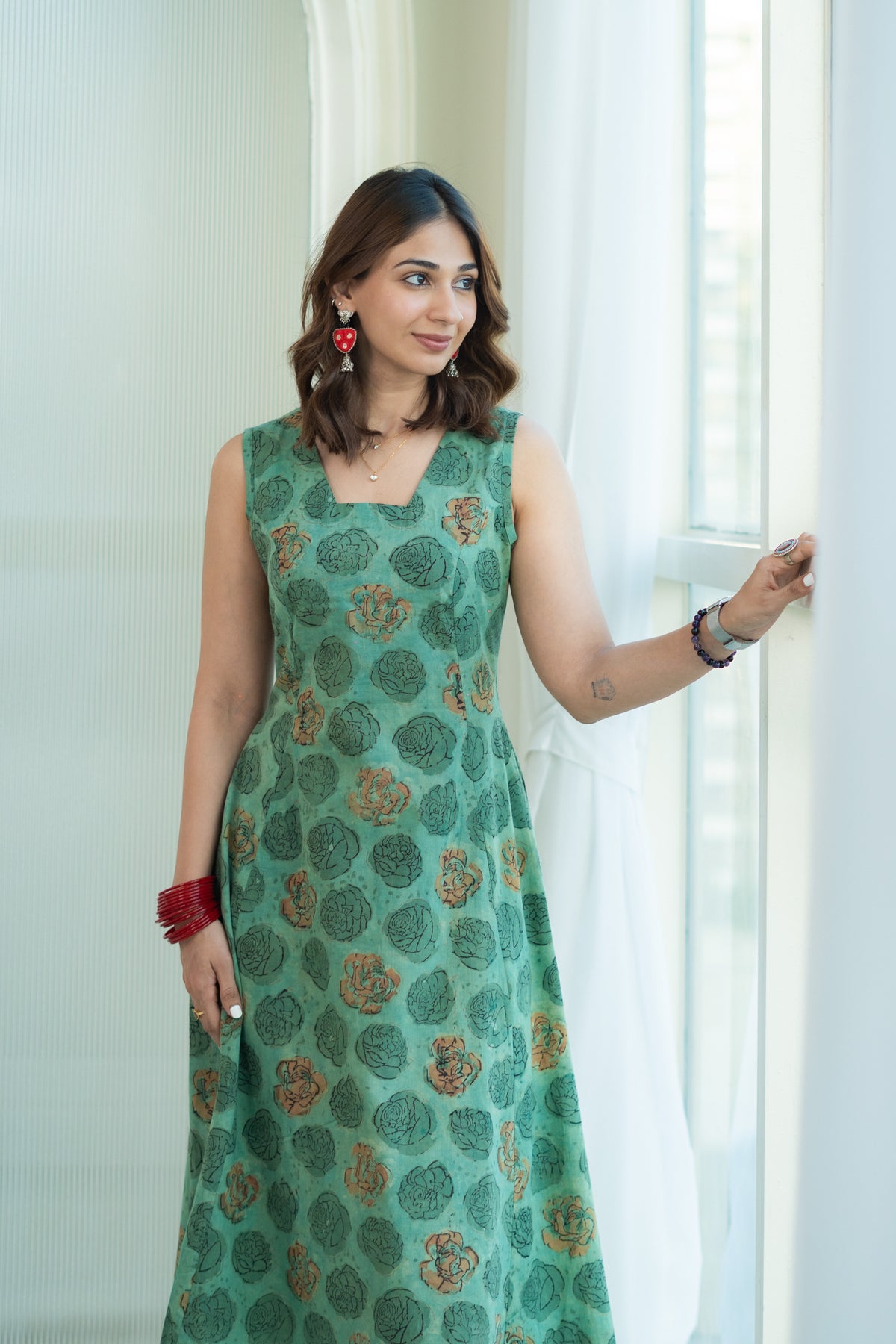 Green Bagru Floral Cotton Corset Dress