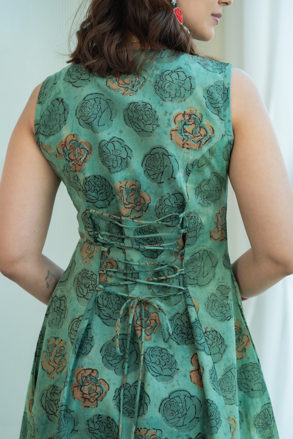 Green Bagru Floral Cotton Corset Dress