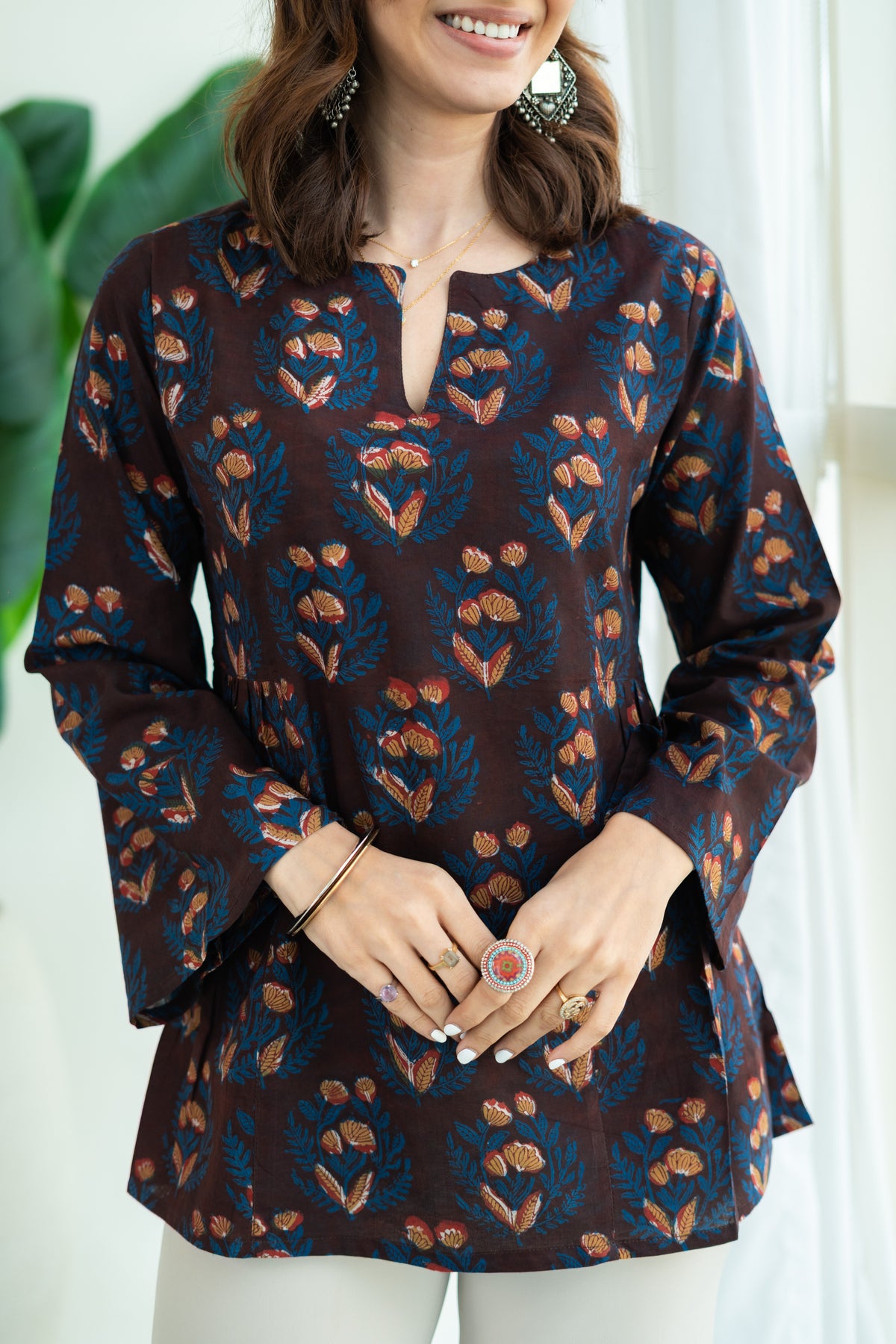 Maroon Bagru Phool Bell Sleeves Cotton Short Top