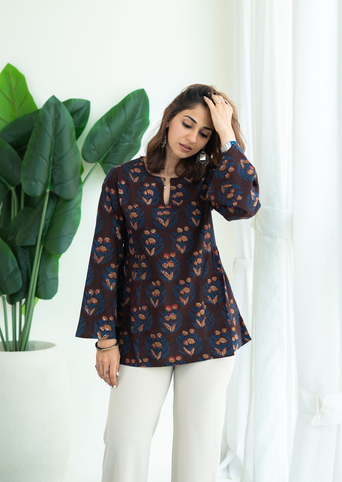Maroon Bagru Phool Bell Sleeves Cotton Short Top