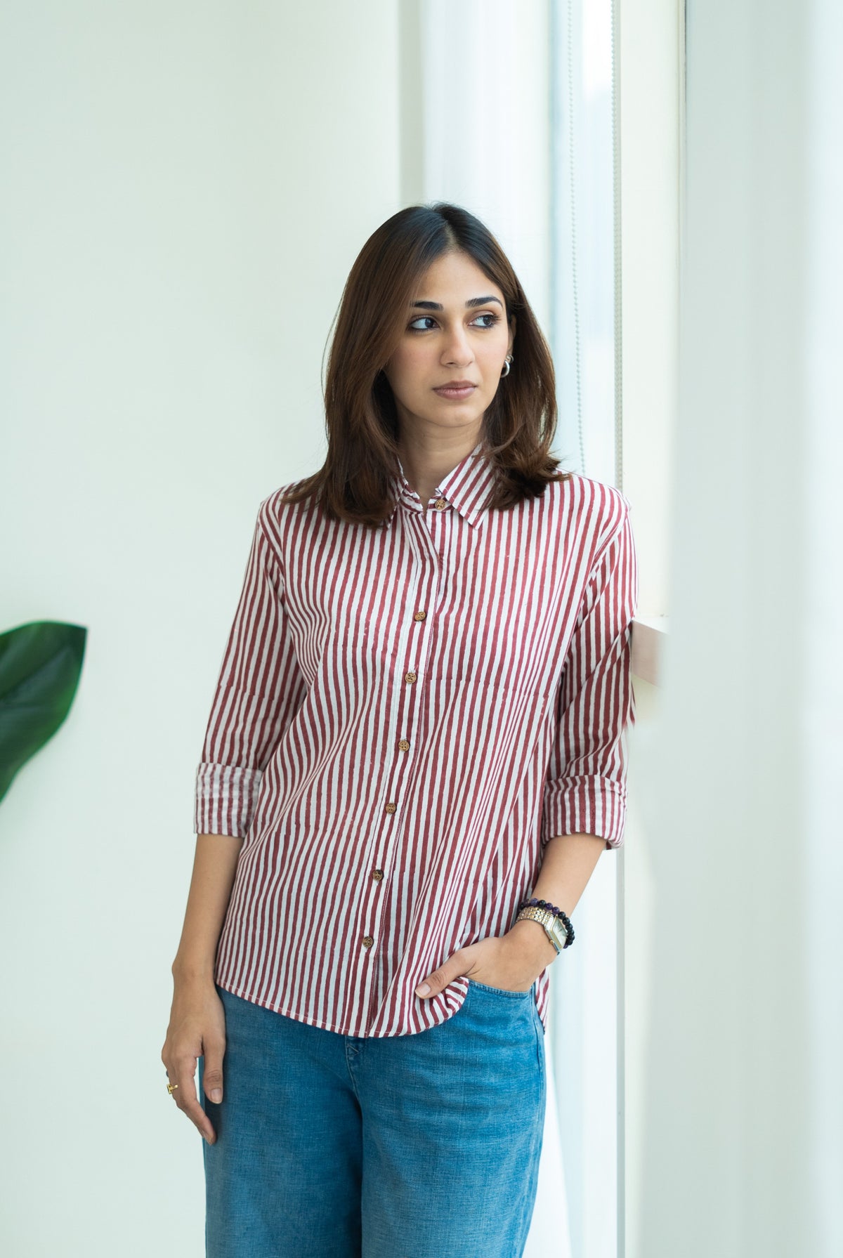 Laal Leheriya Stripe Block Print Cotton Shirt