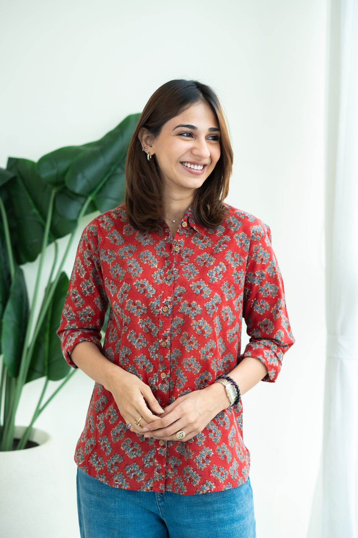 Jaipuri Madder Floral Block Print Cotton Shirt