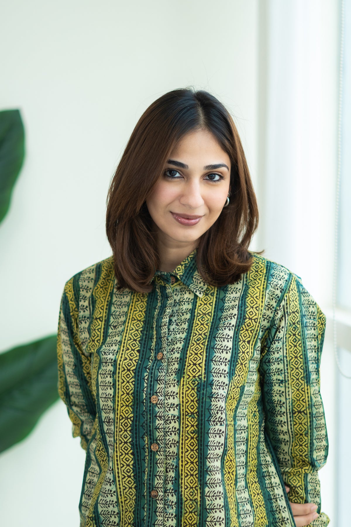 Floral Vine Ajrakh Stripe Handblock Cotton Shirt