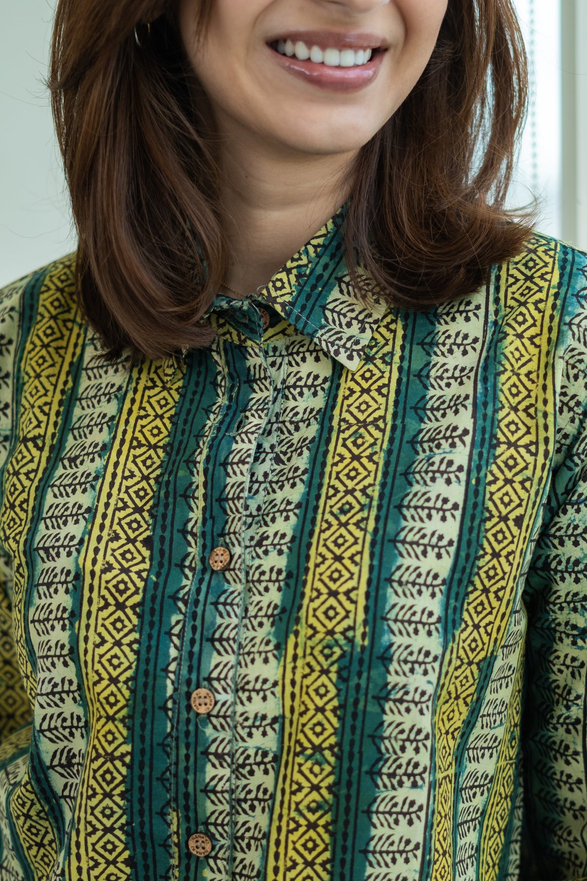 Floral Vine Ajrakh Stripe Handblock Cotton Shirt