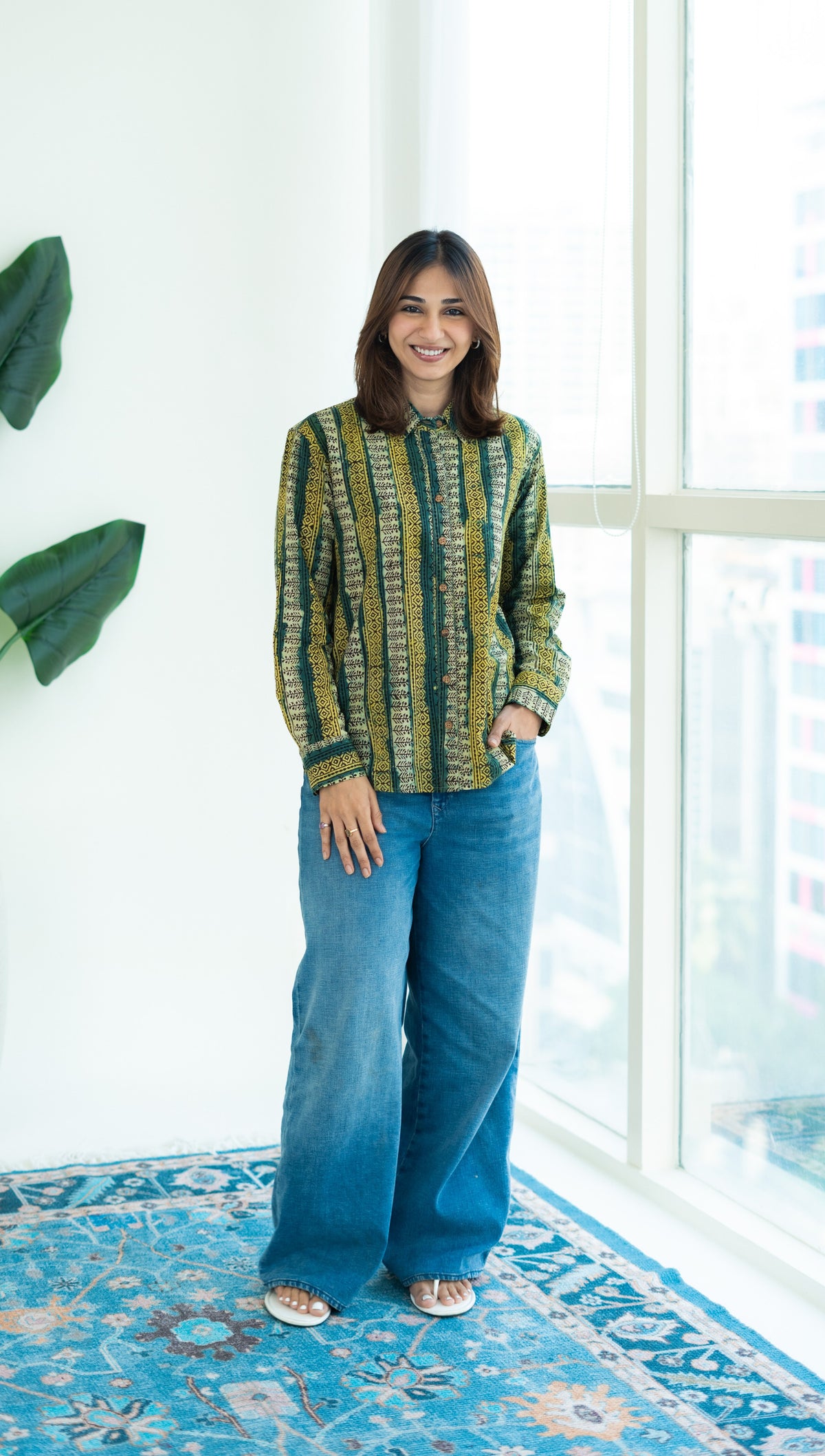 Floral Vine Ajrakh Stripe Handblock Cotton Shirt
