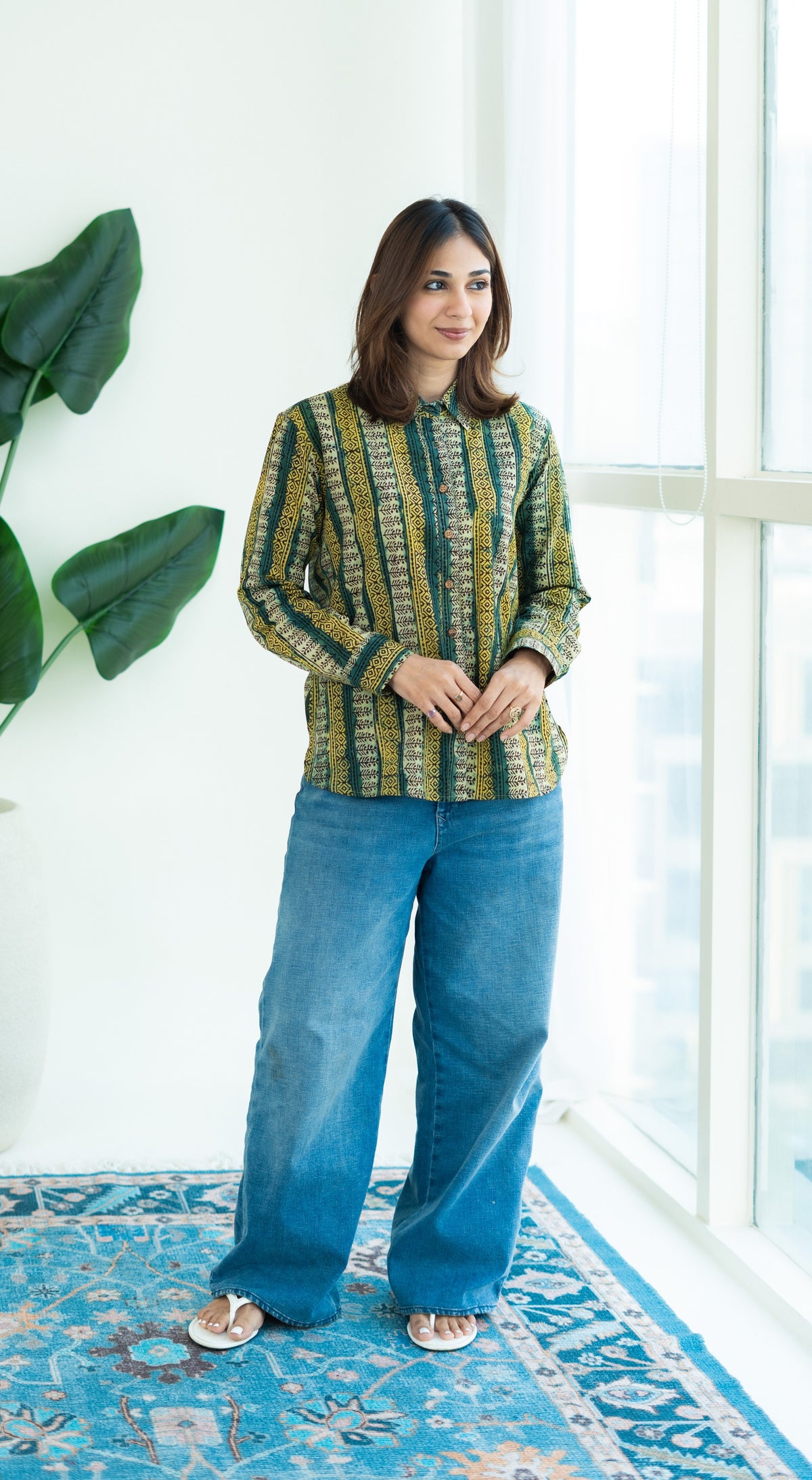 Floral Vine Ajrakh Stripe Handblock Cotton Shirt
