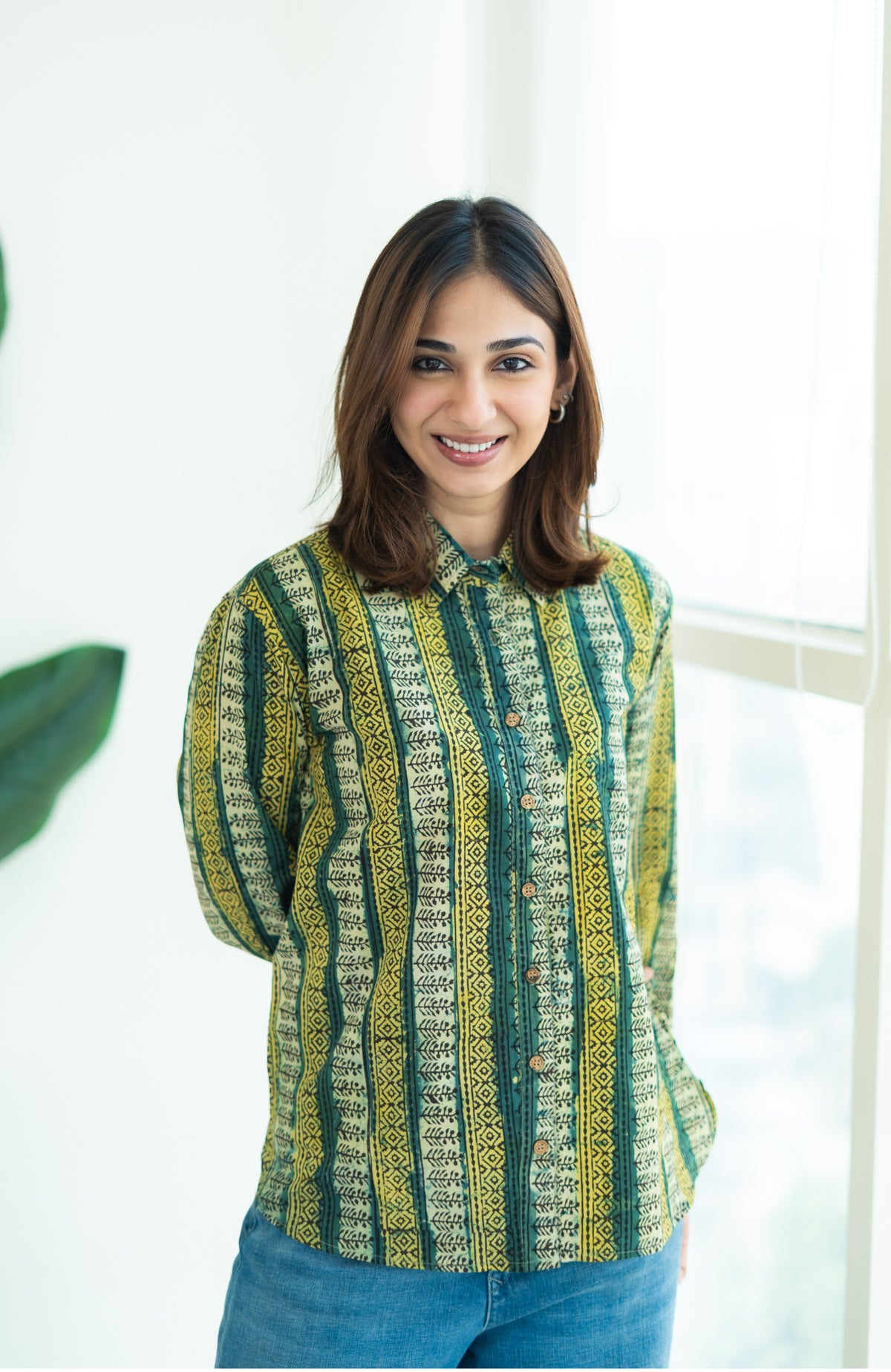 Floral Vine Ajrakh Stripe Handblock Cotton Shirt