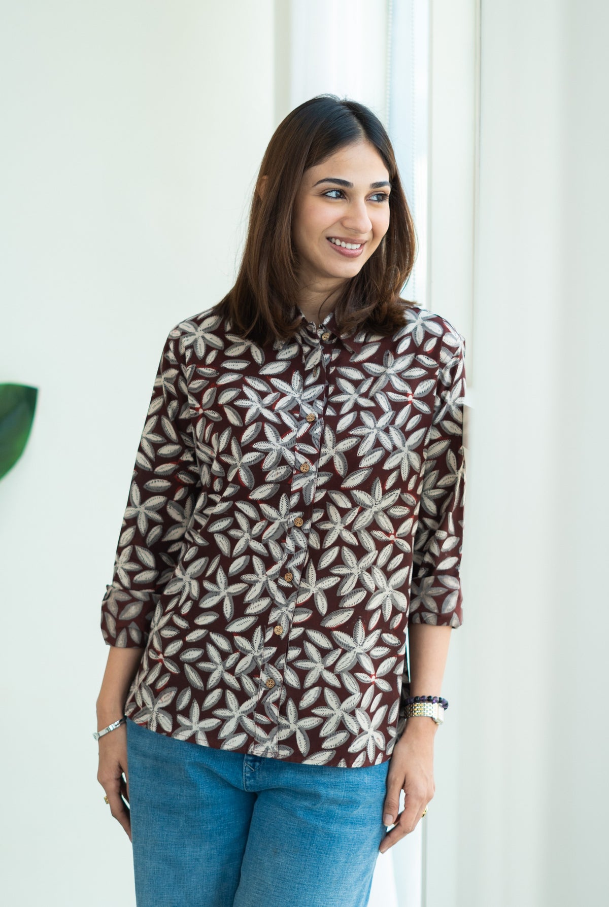 Wine Bagru Floral Handblock Cotton Shirt